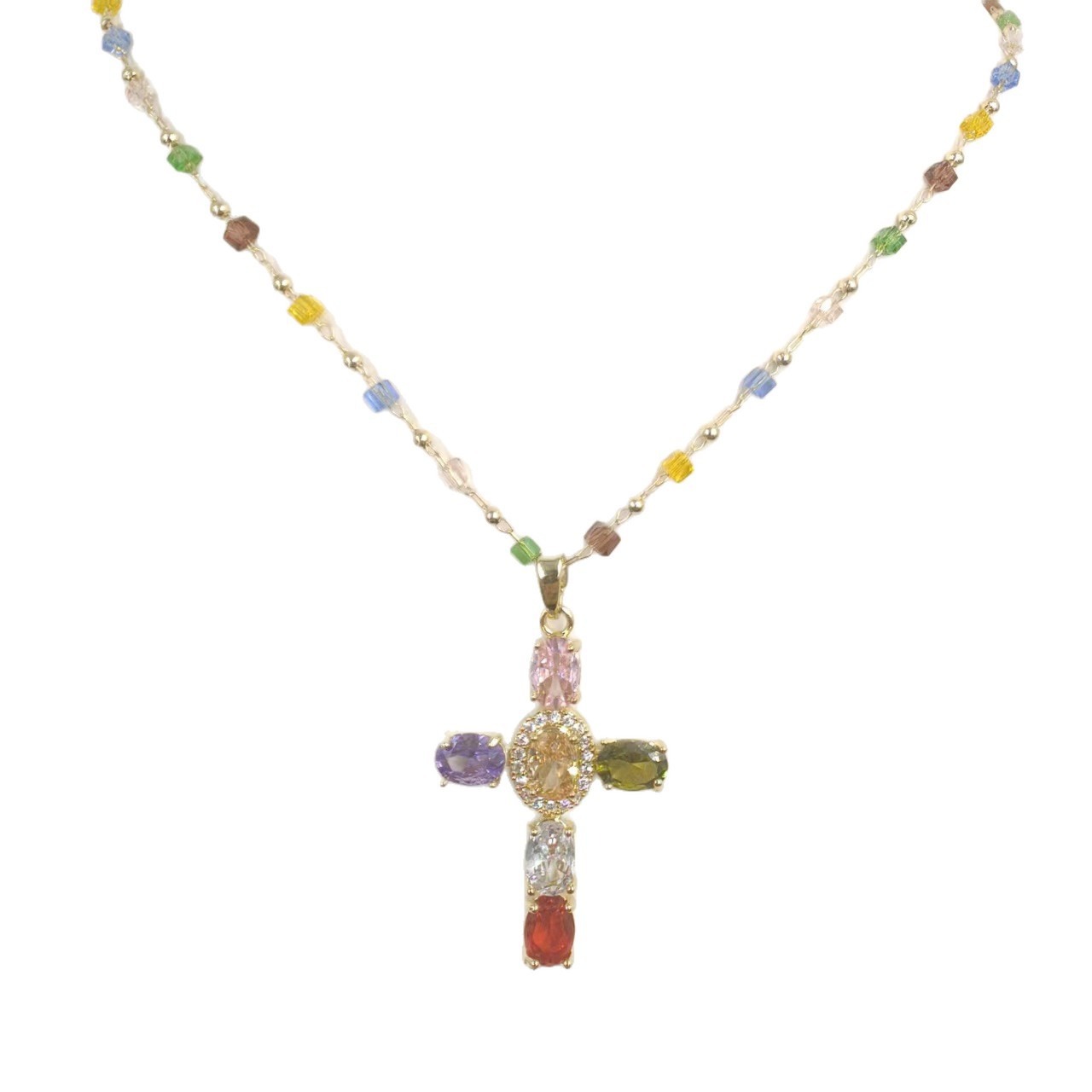 Colorful Blessing 14K Gold Gemstone Cross Necklace