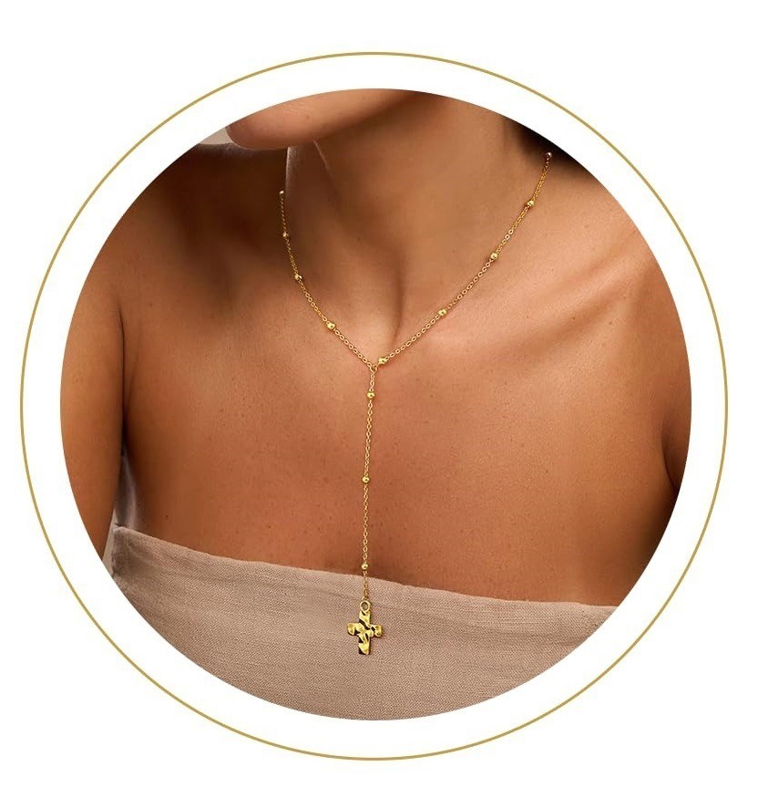"Divine Layering" 14K Gold Cross Lariat Necklace