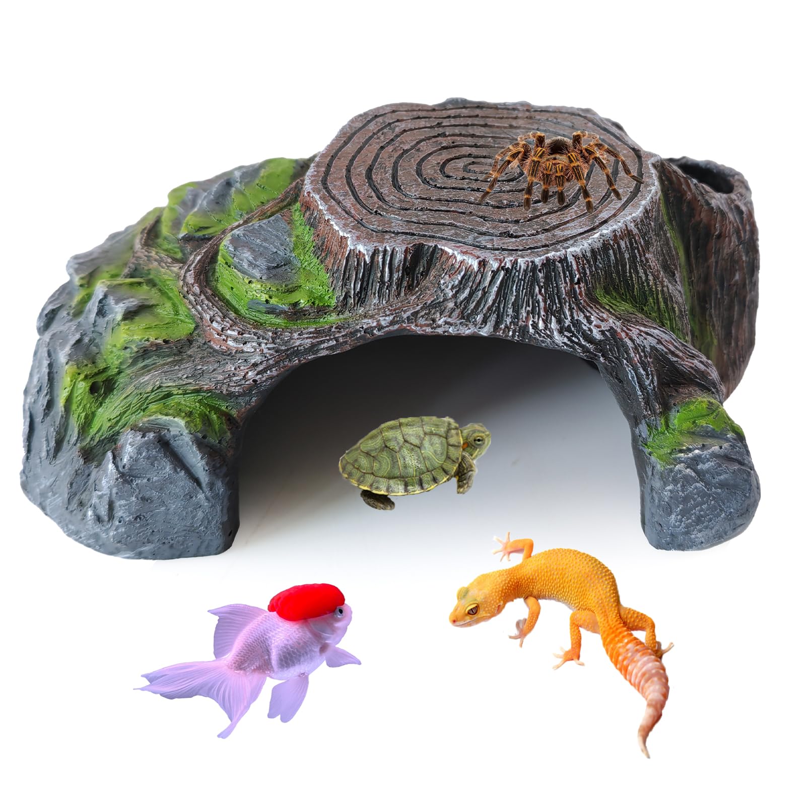 Resin Reptile Hide Cave,Leopard Gecko Cave Hideout Reptiles Habitat Tree Stump Decor Lizard Tank Climbing Ramp Basking Platform Accessories for Gecko Hermit Crab Small Turtle Frog Spider Scorpion-vidsheer