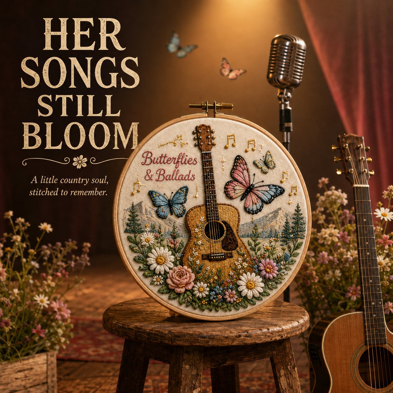 Southern Country embroidery hoop with guitar, butterflies, flowers, and vintage microphone Southern Country embroidery hoop with guitar, butterflies, flowers, and vintage microphone