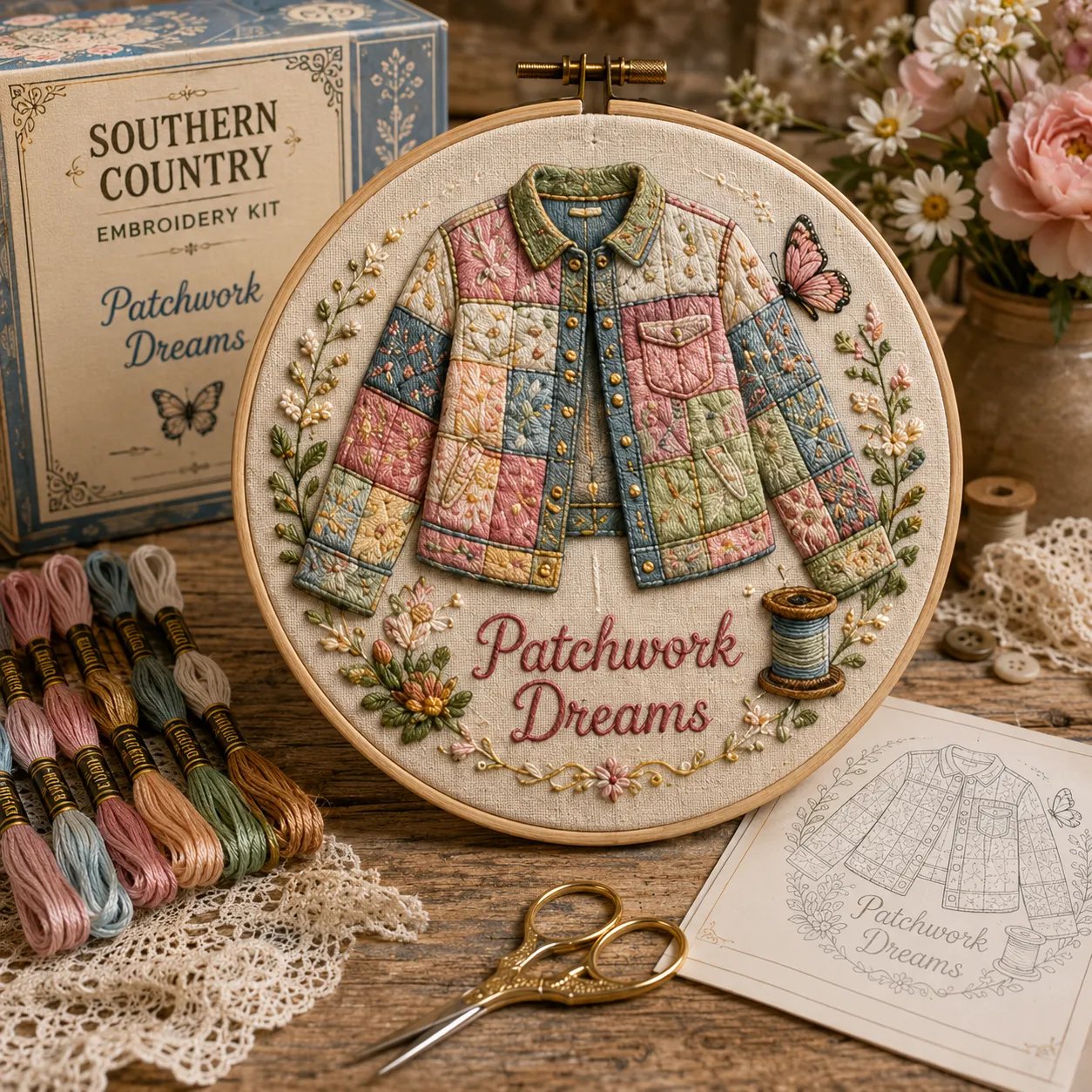 Patchwork Dreams quilted jacket embroidery kit design Patchwork Dreams quilted jacket embroidery kit design