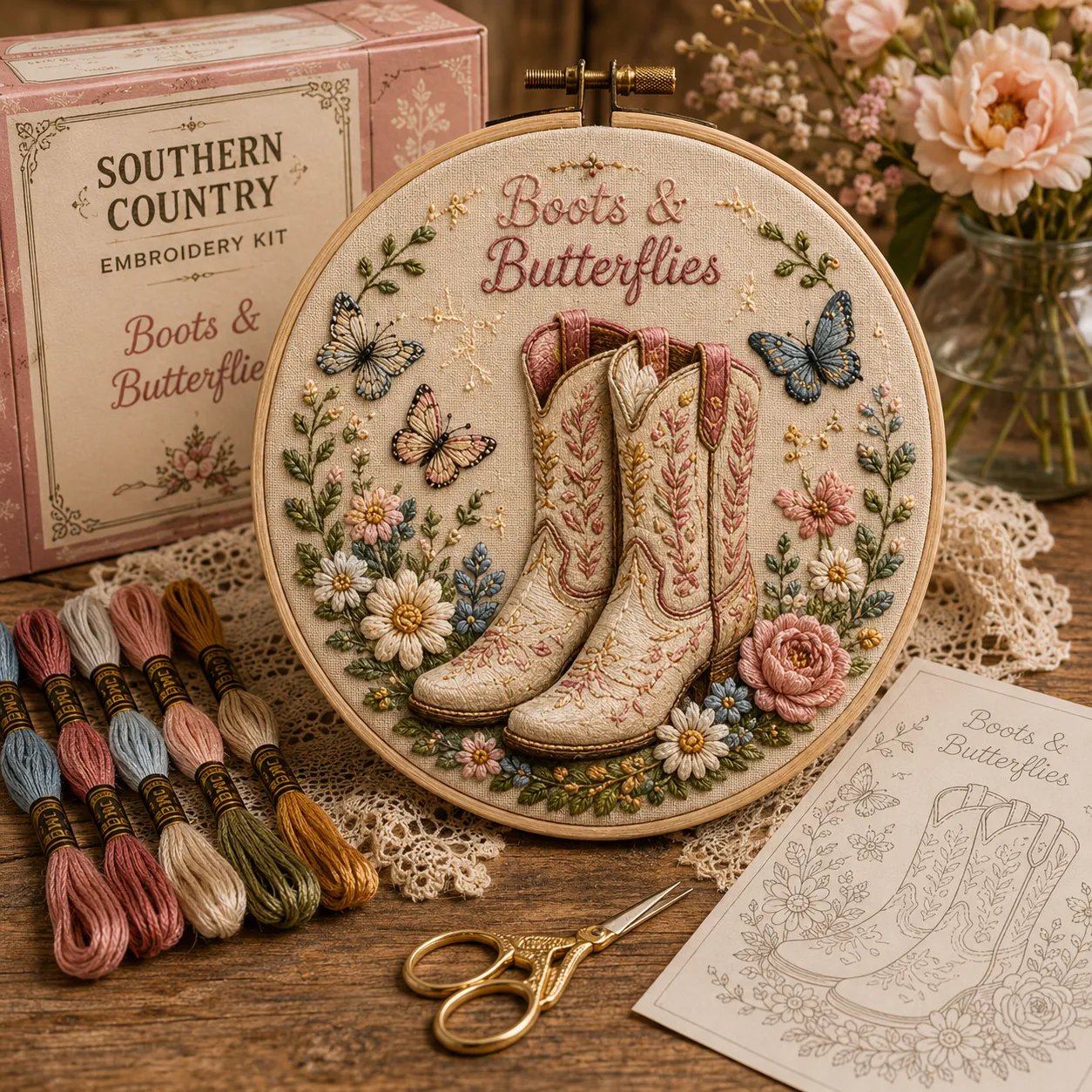 🌼 Beginner-Friendly Dolly Southern Country Needlework DIY Kit | Complete Kit with Pre-Printed Fabric, Wooden Hoop, Floss, Needles & Step-by-Step Guide Included 💕