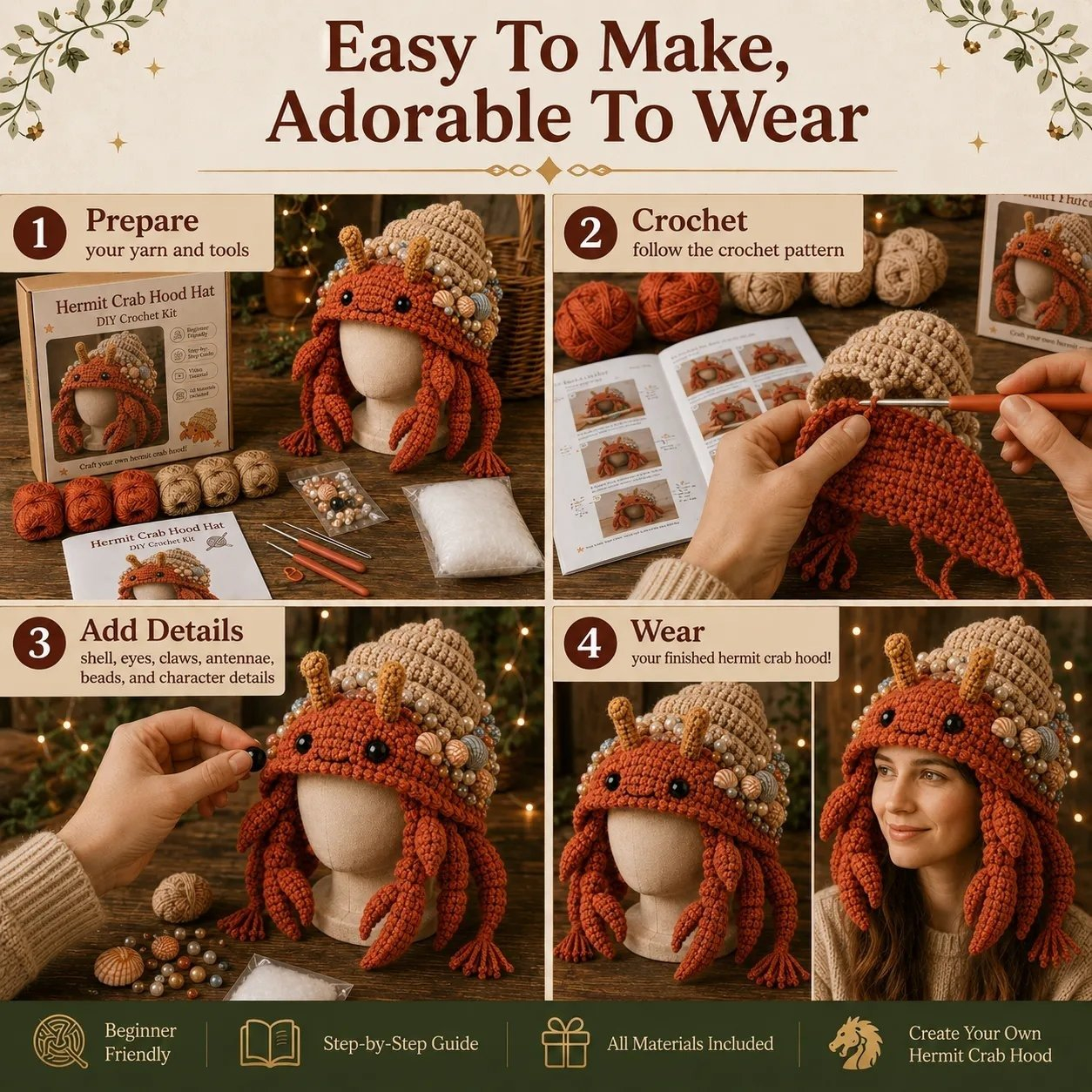 🔥 🌊✨ Ocean Series Hood Hat DIY Crochet Kit | Premium Soft Yarn Materials with Step-by-Step Guide DIY Handmade Wearable Ocean Character Hood 🧶🎭✨