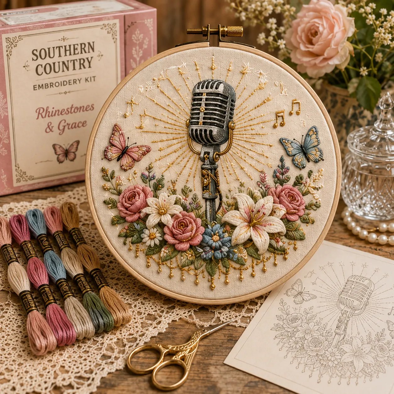 Rhinestones and Grace vintage microphone embroidery kit design Rhinestones and Grace vintage microphone embroidery kit design
