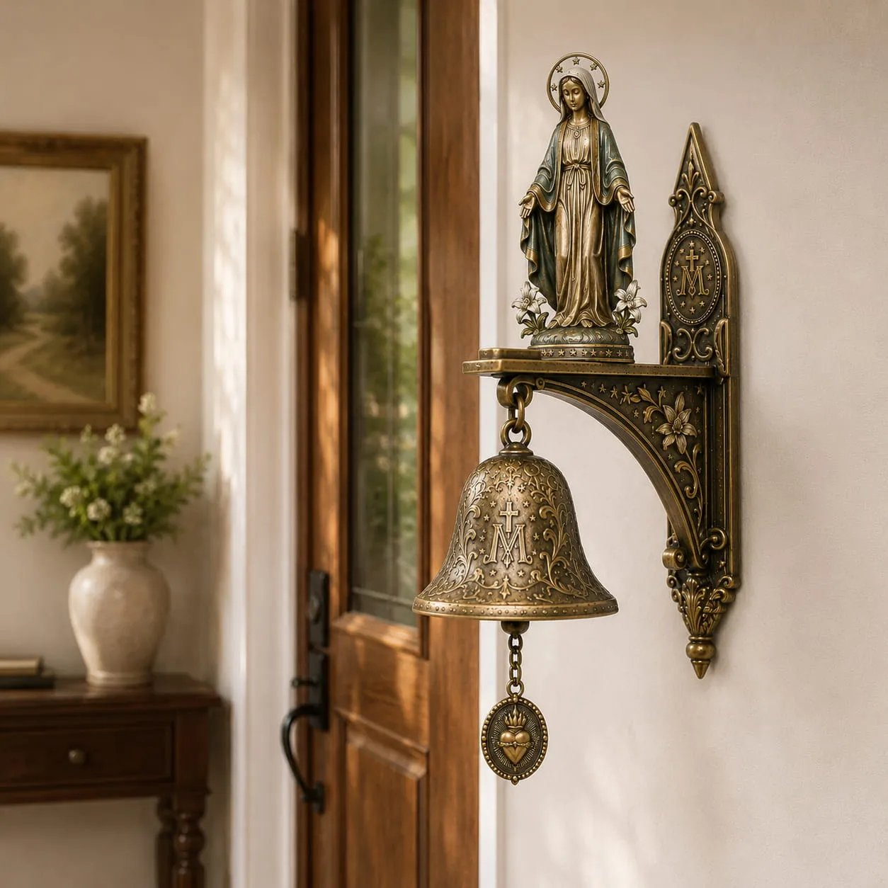  🙏Our Lady of Grace Bronze Miraculous Medal Wall Bell | Catholic Religious Home & Garden Decor✨