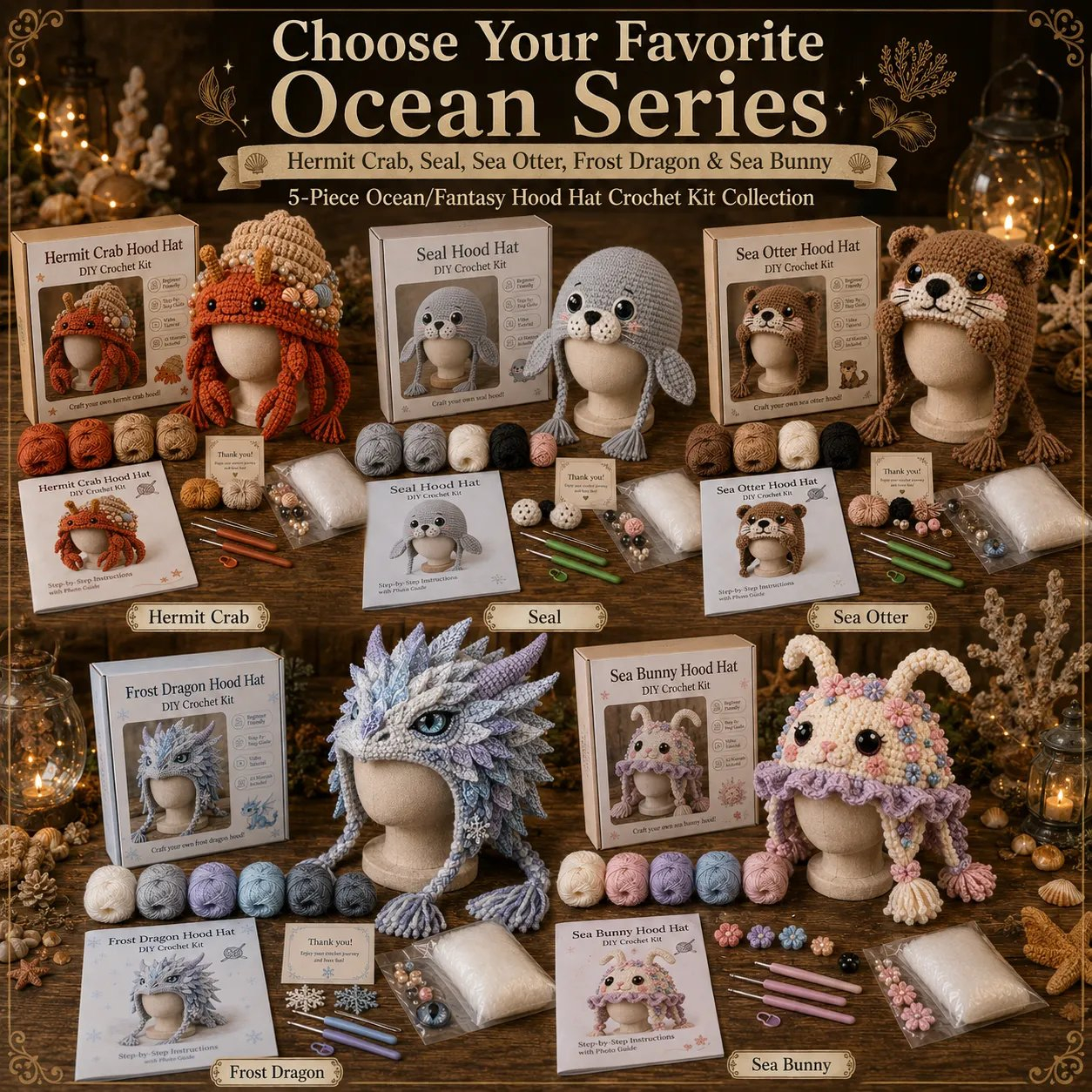 🔥 🌊✨ Ocean Series Hood Hat DIY Crochet Kit | Premium Soft Yarn Materials with Step-by-Step Guide DIY Handmade Wearable Ocean Character Hood 🧶🎭✨