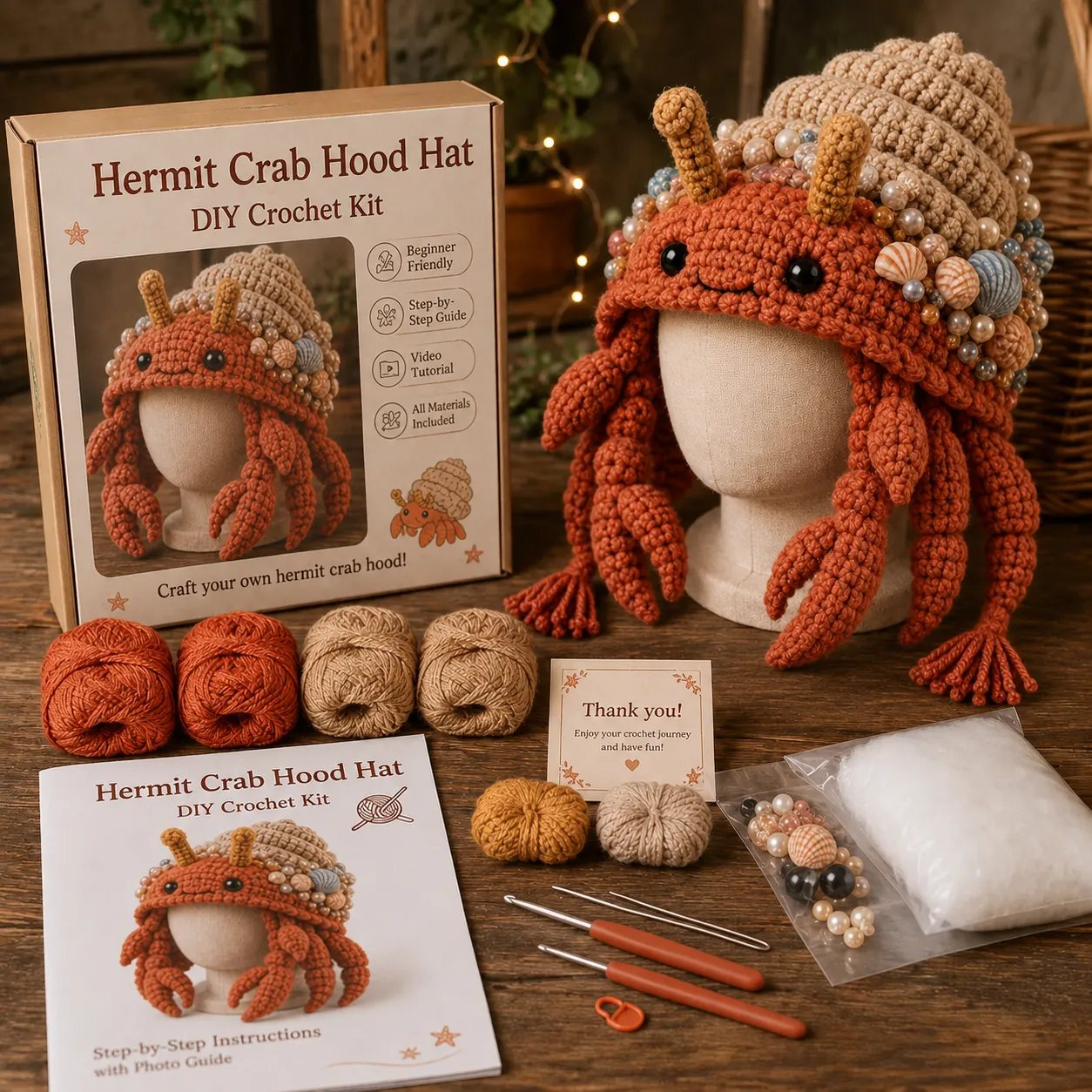 🔥 🌊✨ Ocean Series Hood Hat DIY Crochet Kit | Premium Soft Yarn Materials with Step-by-Step Guide DIY Handmade Wearable Ocean Character Hood 🧶🎭✨