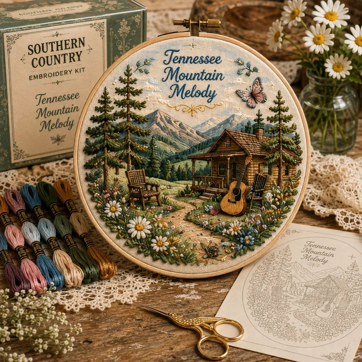 Tennessee Mountain Melody cabin and guitar embroidery kit design Tennessee Mountain Melody cabin and guitar embroidery kit design