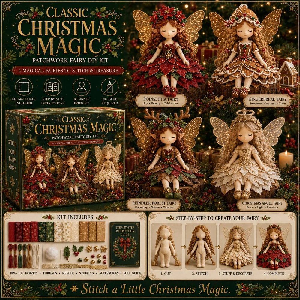 ✨ Christmas Magic Patchwork Fairy DIY Kit | Create 8 Festive Fairies with Pre-Cut Fabrics, Soft Stuffing & Easy Step-by-Step Guide 🧚‍♀️🎄