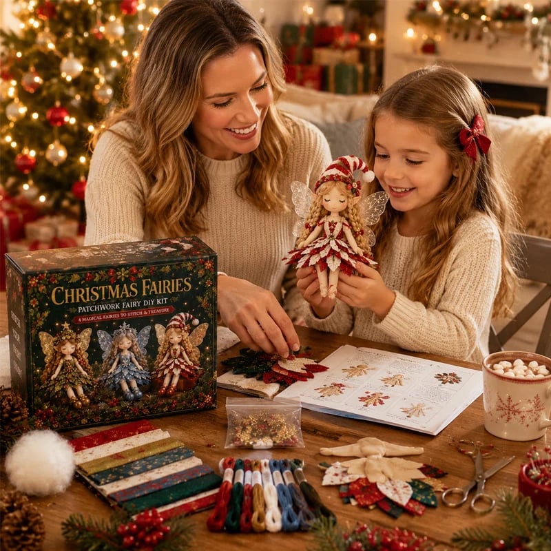 ✨ Christmas Magic Patchwork Fairy DIY Kit | Create 8 Festive Fairies with Pre-Cut Fabrics, Soft Stuffing & Easy Step-by-Step Guide 🧚‍♀️🎄