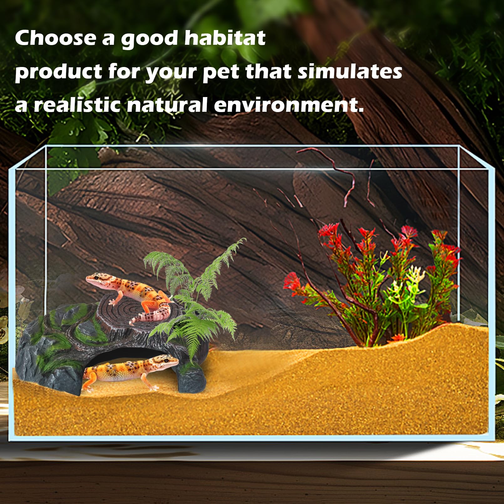 Resin Reptile Hide Cave,Leopard Gecko Cave Hideout Reptiles Habitat Tree Stump Decor Lizard Tank Climbing Ramp Basking Platform Accessories for Gecko Hermit Crab Small Turtle Frog Spider Scorpion-vidsheer