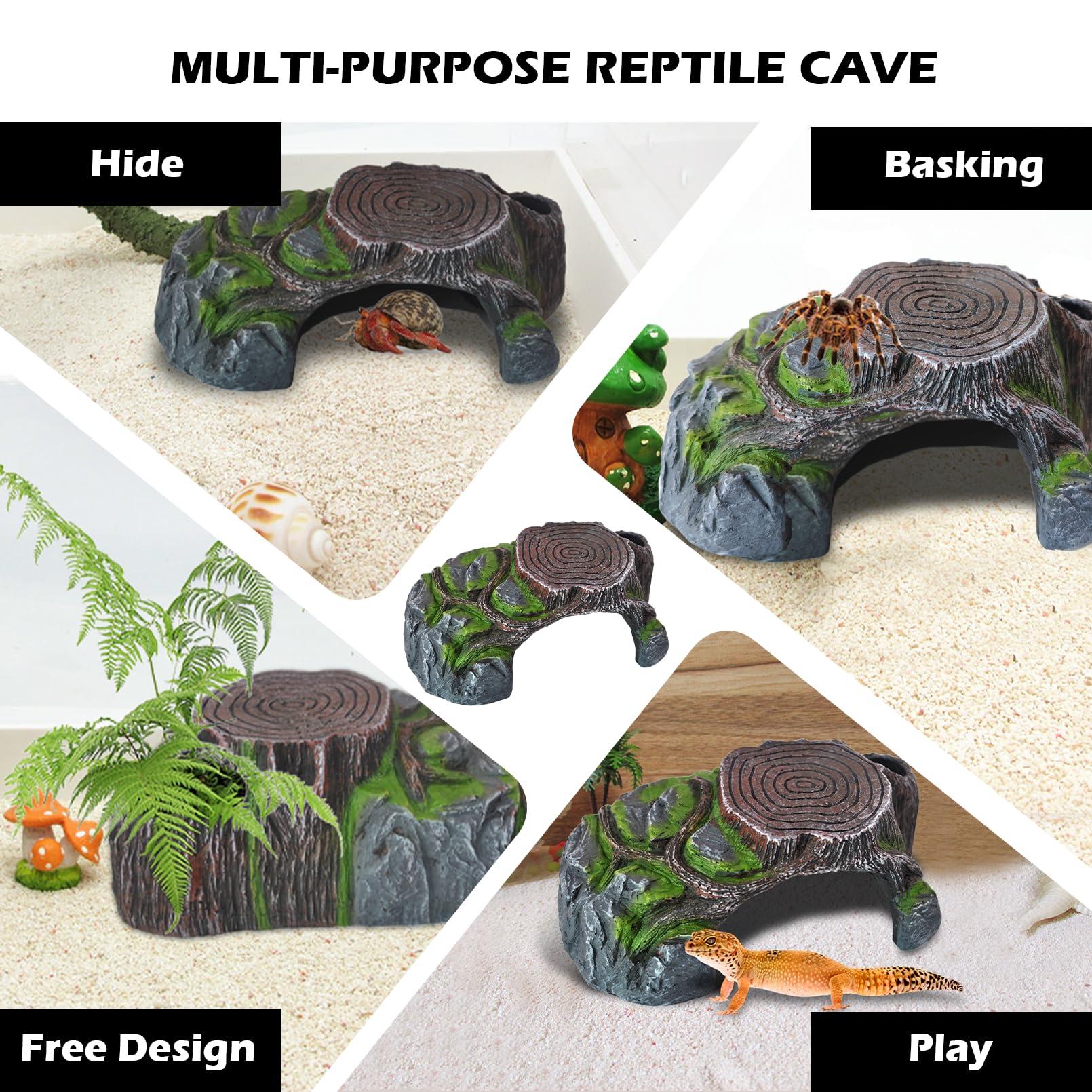 Resin Reptile Hide Cave,Leopard Gecko Cave Hideout Reptiles Habitat Tree Stump Decor Lizard Tank Climbing Ramp Basking Platform Accessories for Gecko Hermit Crab Small Turtle Frog Spider Scorpion-vidsheer