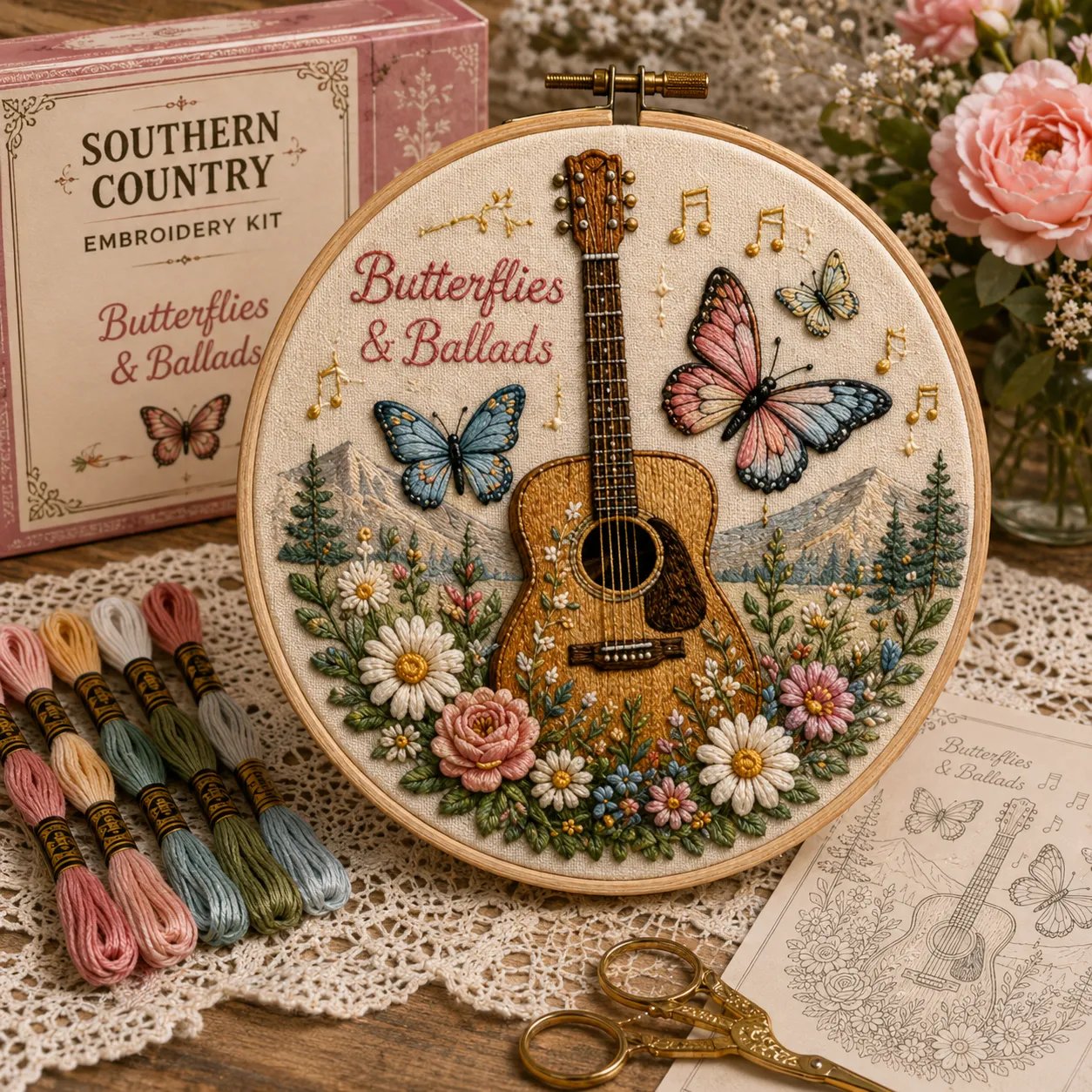Butterflies and Ballads country embroidery kit design Butterflies and Ballads country embroidery kit design
