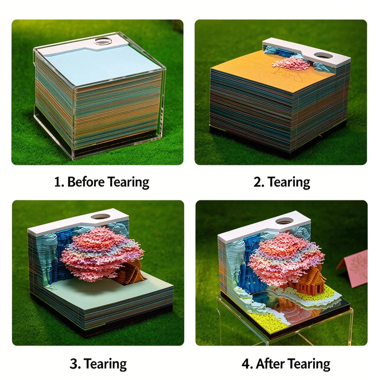 3D Art Memo Pad, Huaguo Mountain Tree House, Tear-Away 3D Paper Carving Sticky Notes, Decor Desk Ornament, Unique Birthday Gift for Men & Women