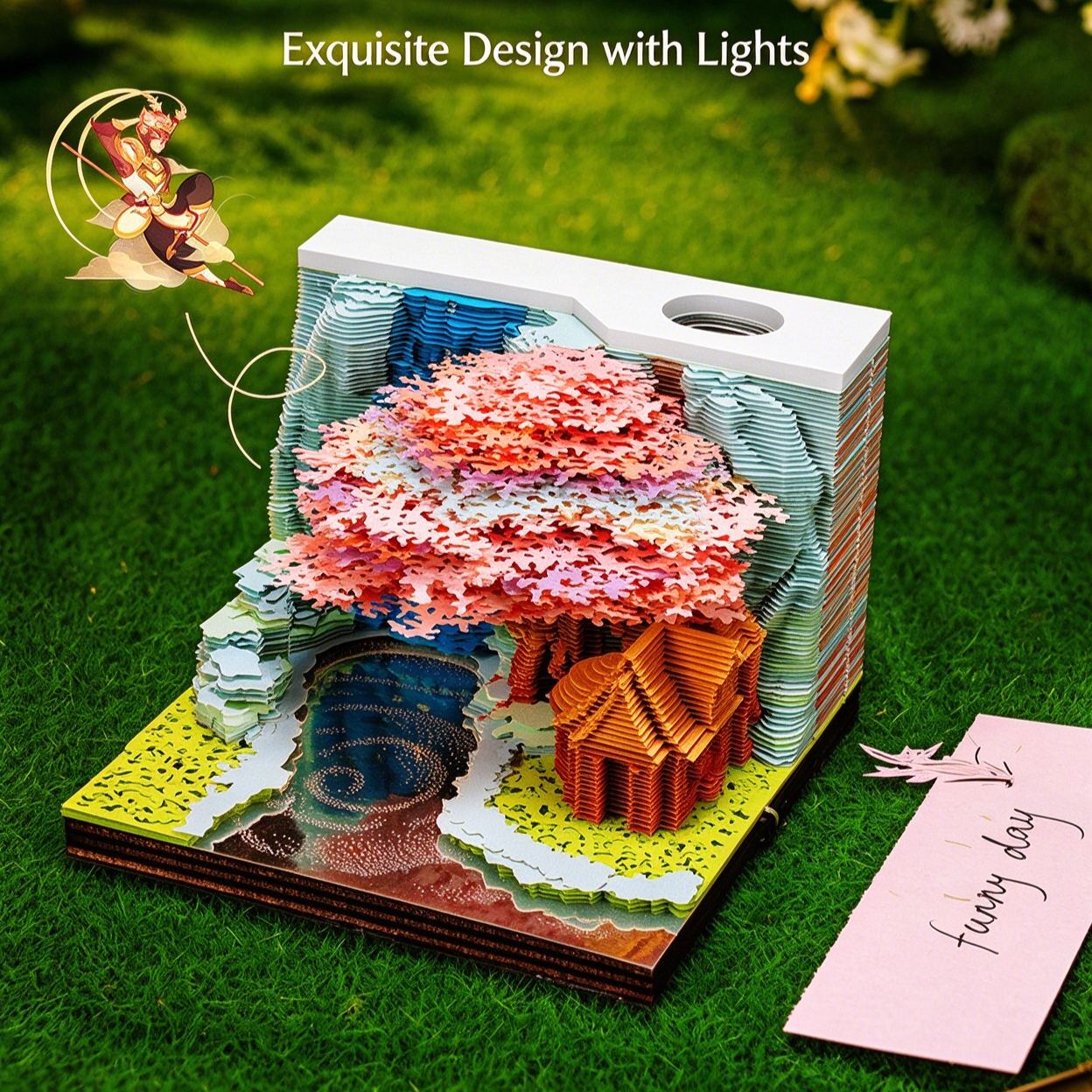 3D Art Memo Pad, Huaguo Mountain Tree House, Tear-Away 3D Paper Carving Sticky Notes, Decor Desk Ornament, Unique Birthday Gift for Men & Women