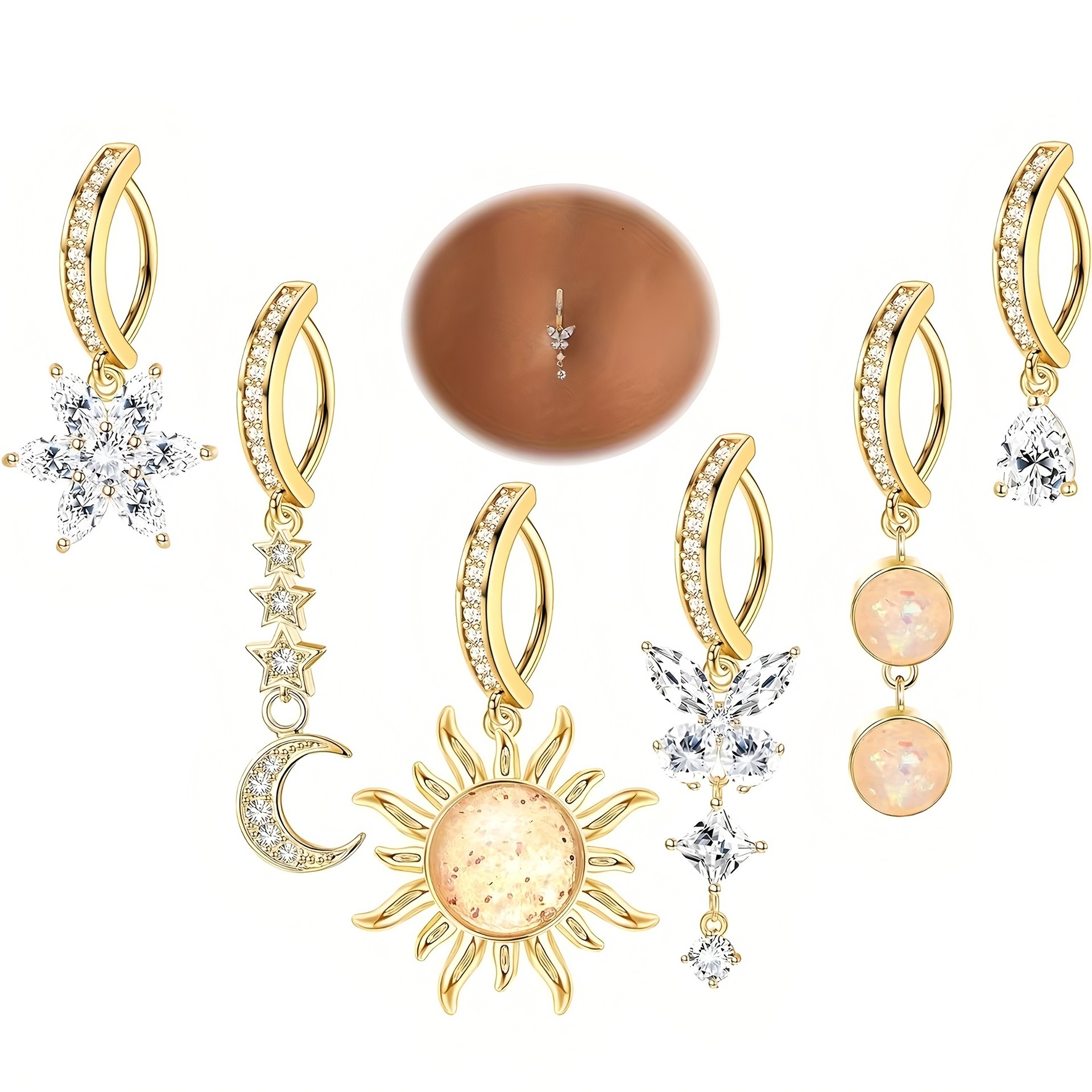"elestial Glow 14K Gold S925 Silver Clicker Belly Button Ring Set