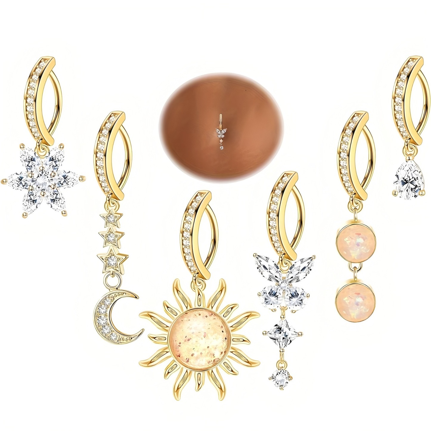 "elestial Glow 14K Gold S925 Silver Clicker Belly Button Ring Set