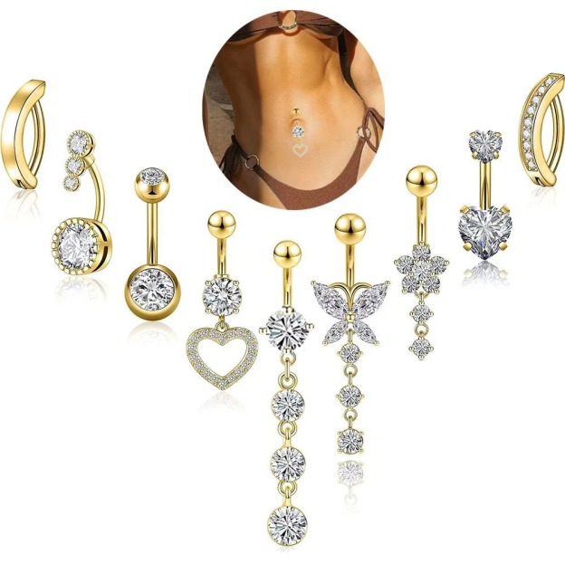 14K Gold S925 Silver Sparkling Belly Button Ring Sets