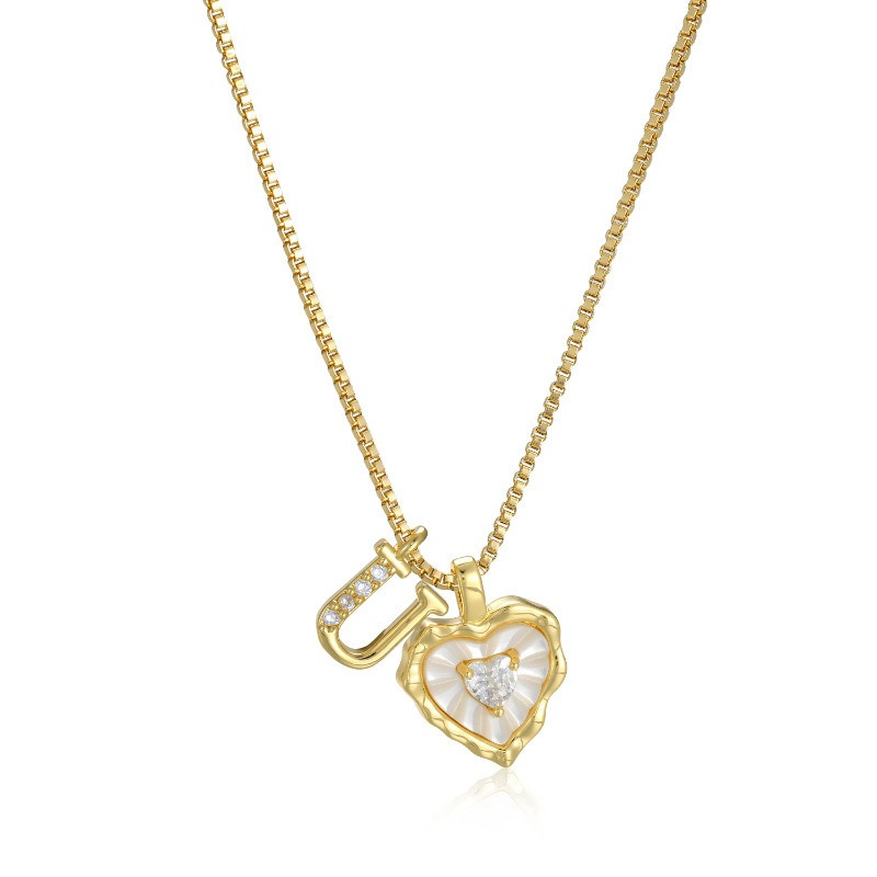 Personalized Heartbeat 14K Gold Plated Initial Mother-of-Pearl Heart Necklace