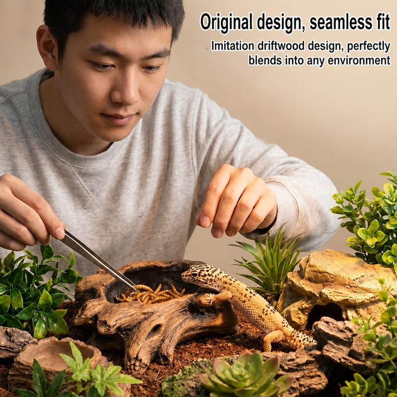 Reptile food and water bowls, driftwood-shaped landscaping bathtubs, small pet fruit puree feeding bowls-vidsheer