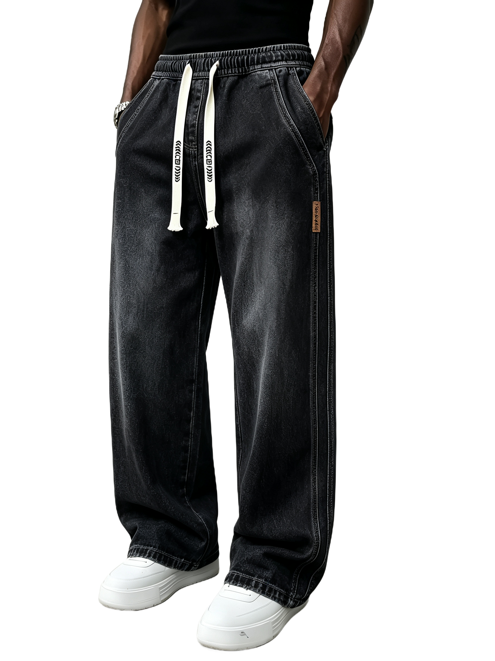 Men's Drawstring Elastic Waist Straight‑Leg Jeans, Plain Versatile Non‑Stretch Denim Pants & Vintage Washed Stretch Denim Jeans