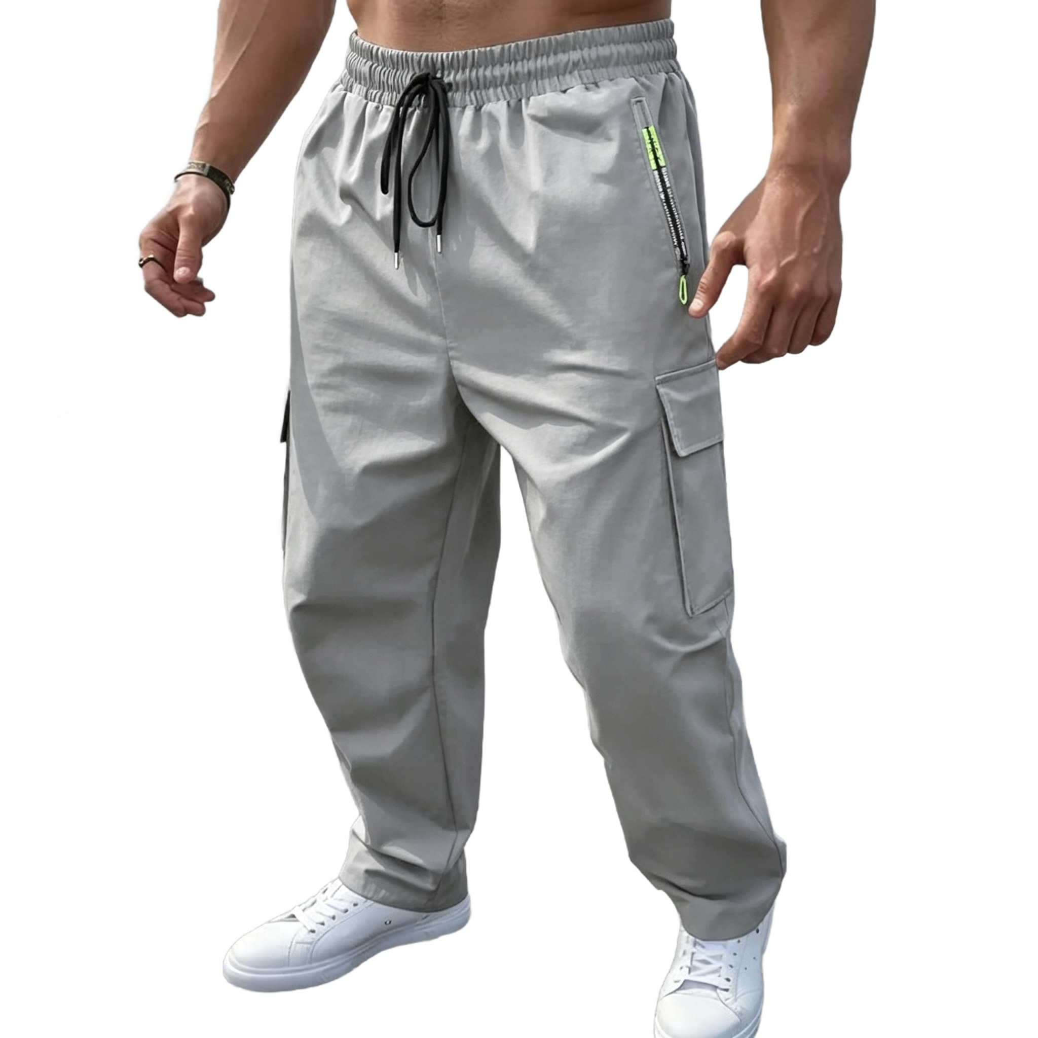 Men's Plain Cargo Pants - Multi-Pocket, Straight Leg, Non-Stretch Woven Fabric, Adjustable Drawstring Waist
