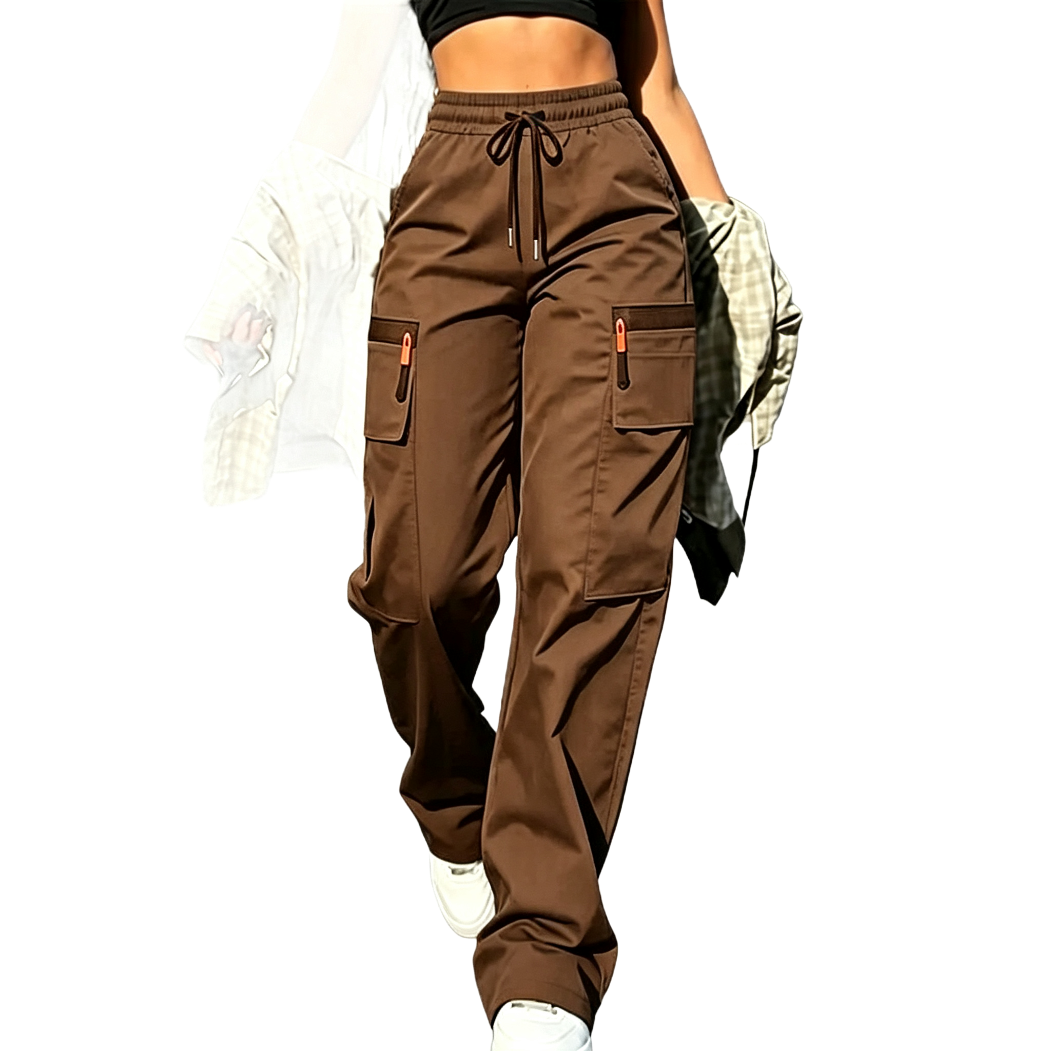 Women’s Cargo Pants — Solid Color, Anti-theft Zipper Pocket Design