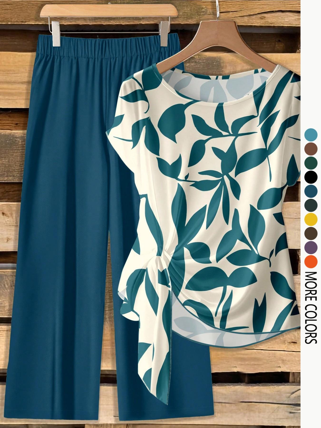 Women's Casual Printed Necktie Shirt and Loose Straight Pants Set, Perfect for Spring and Summer, Comfortable Two-Piece