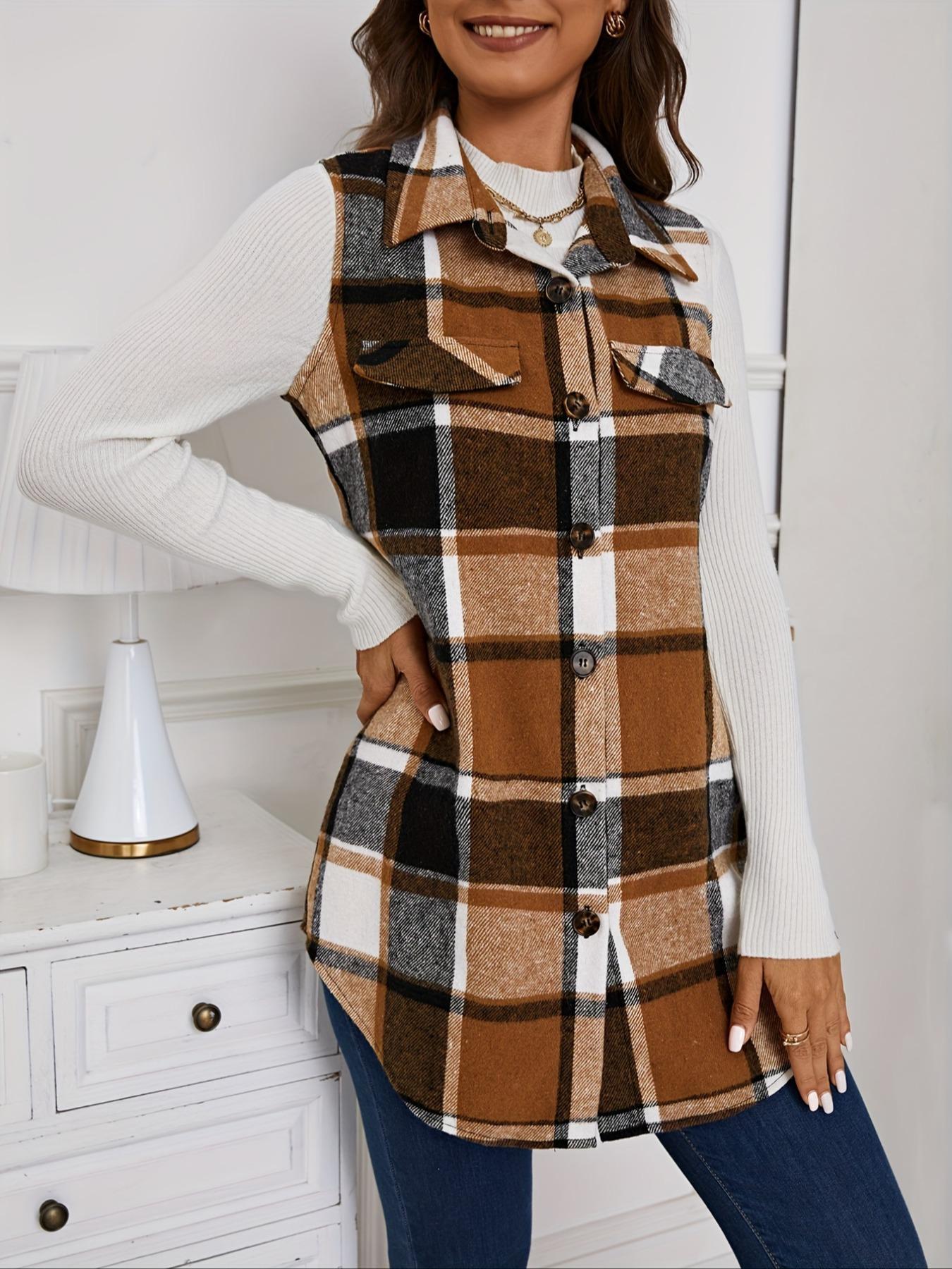 Women's Plaid-Print Button-Front Fitted Vest Coat Tops, Casual Comfy Vest, Casual Lady Pocket Design Collared Waistcoat for Spring & Fall, Fashion Women's Clothing for Daily Wear Womenswear