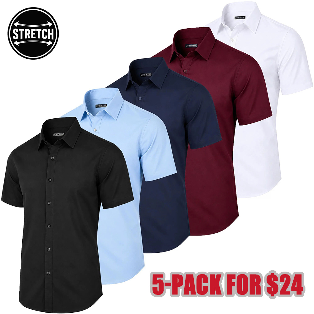 Men's 5 Pack Short Sleeve Stretch Dress Shirt (Sizes, S to 3XL)
