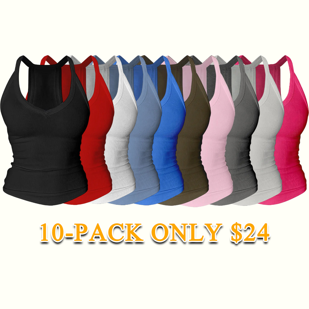 Women's V-Neck Racerback Cotton Tank Top Fitted Cami with Built-In Shelf Bra Basic Sleeveless Shirt