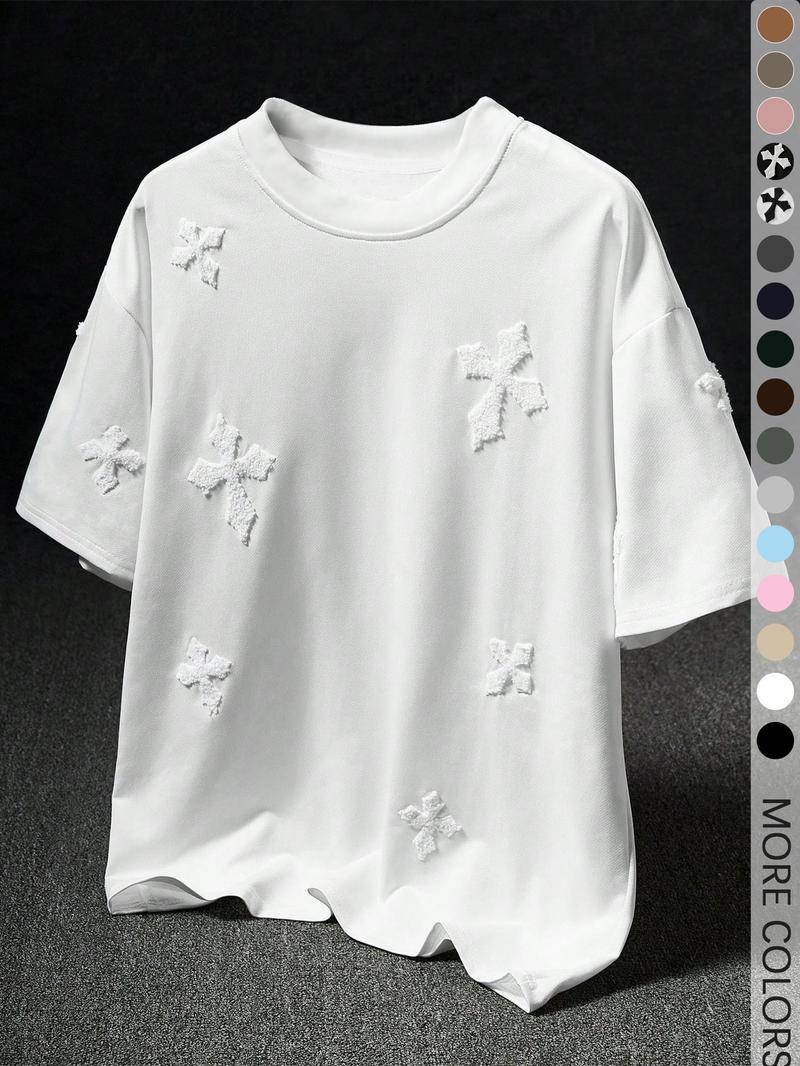 Men's Cross Stitch Embroidered Solid Color Round Neck T-Shirt, Casual Fitted Long Sleeve Top for All Seasons, Sporty College Style