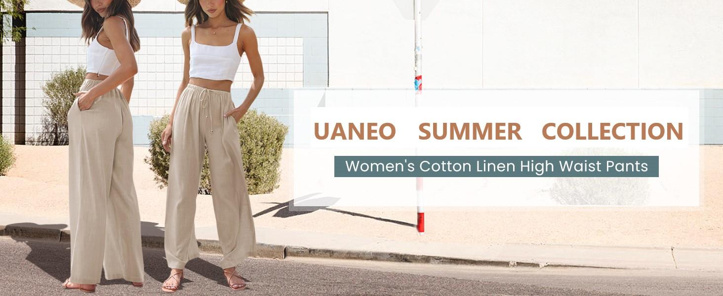 UANEO Women's Cotton Linen Summer Palazzo Pants Flowy Wide Leg Beach Trousers with Pockets Casual Womenswear