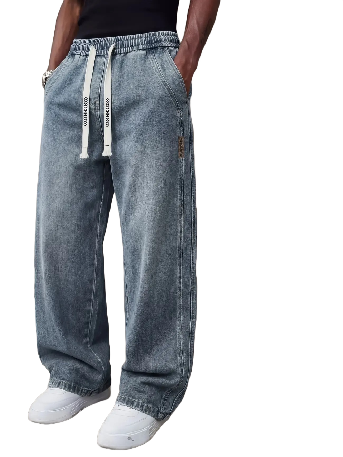 Men's Drawstring Elastic Waist Straight‑Leg Jeans, Plain Versatile Non‑Stretch Denim Pants & Vintage Washed Stretch Denim Jeans