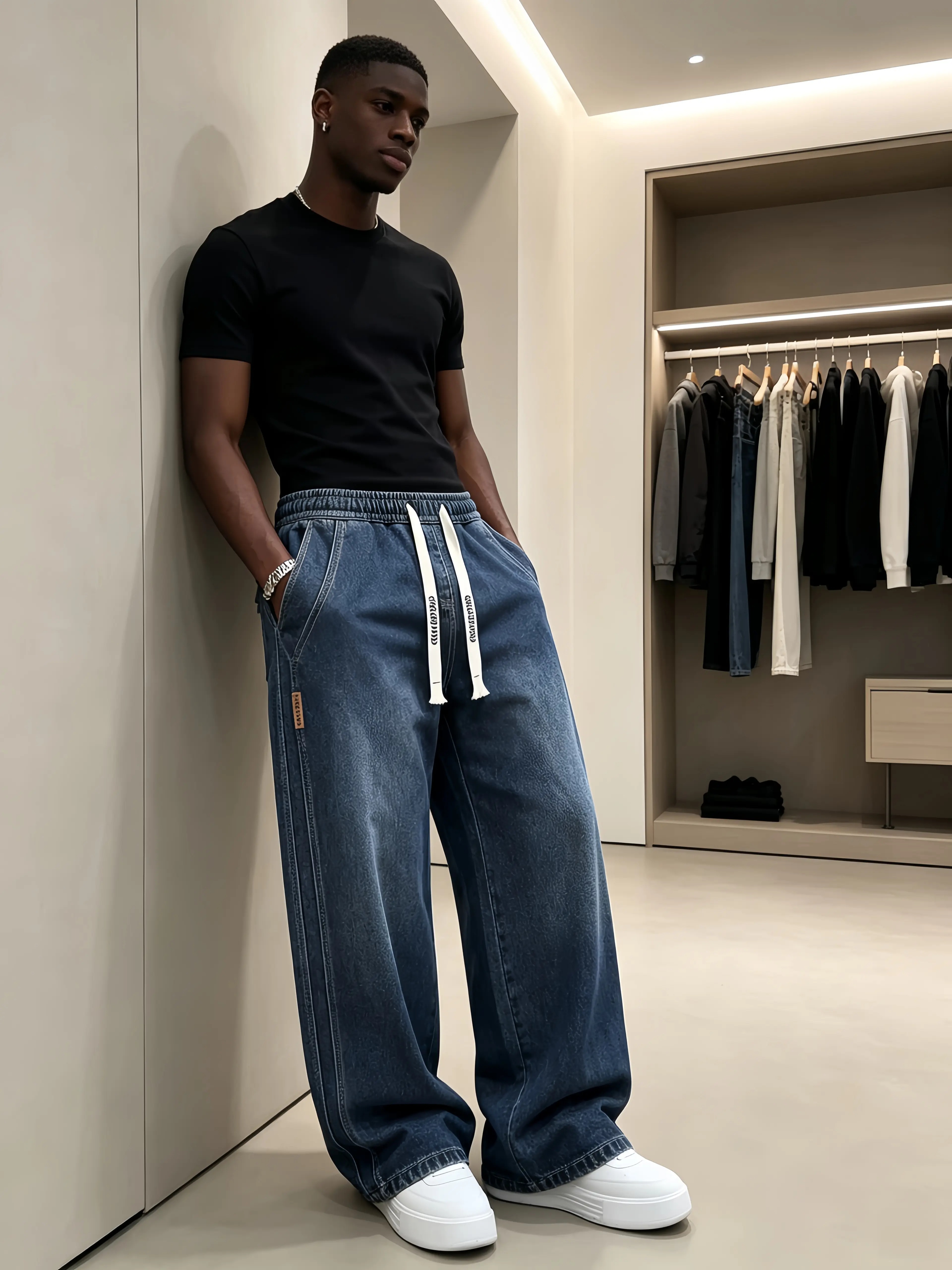 Men's Drawstring Elastic Waist Straight‑Leg Jeans, Plain Versatile Non‑Stretch Denim Pants & Vintage Washed Stretch Denim Jeans