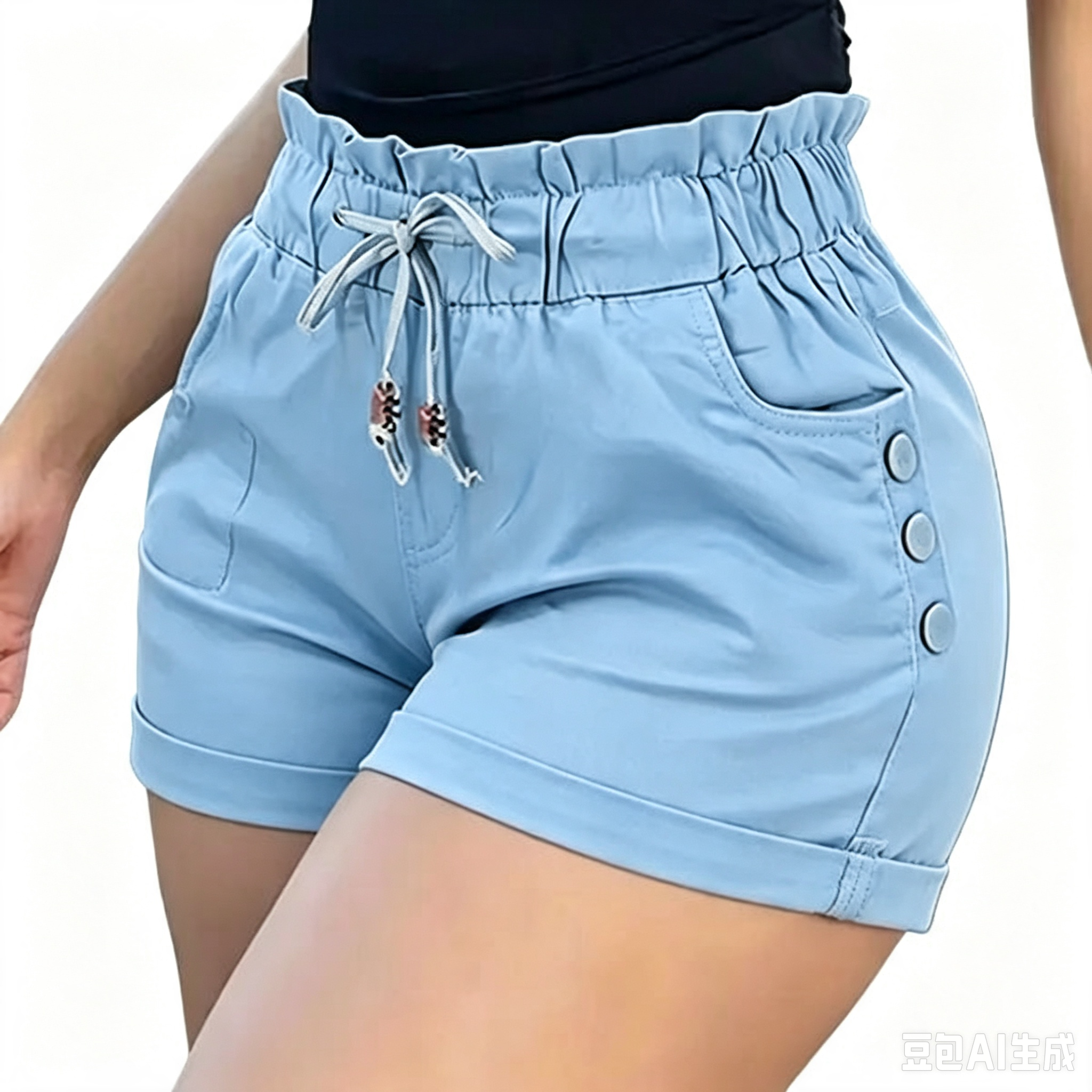 Women's Relaxed Petal-Waist Short Bottoms - Single Piece, Ruffle Waistband, Front Pockets