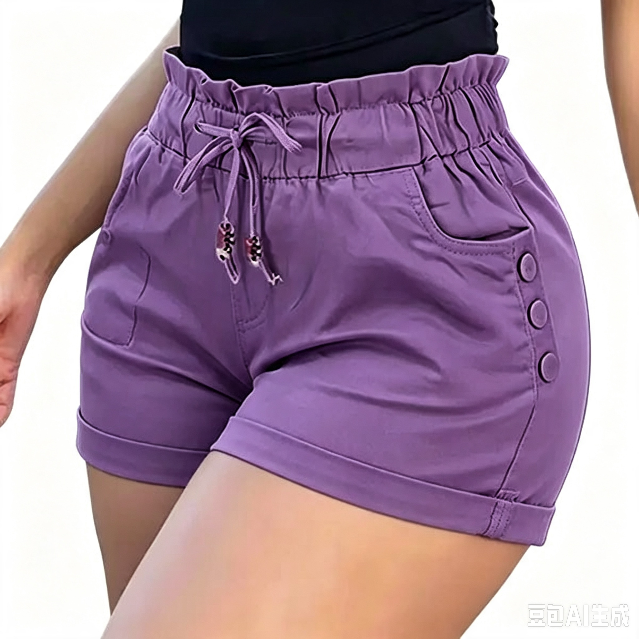 Women's Relaxed Petal-Waist Short Bottoms - Single Piece, Ruffle Waistband, Front Pockets