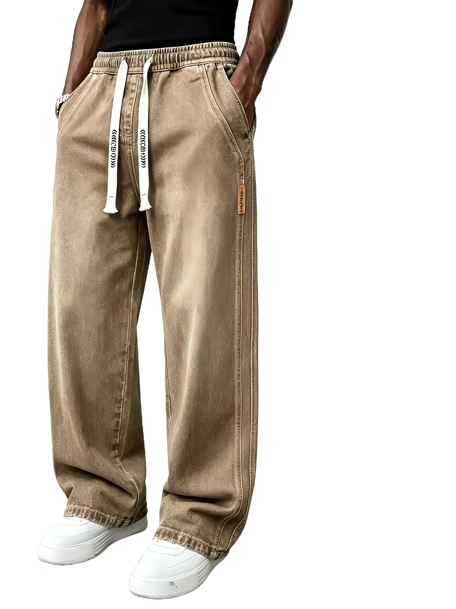 Men's Drawstring Elastic Waist Straight‑Leg Jeans, Plain Versatile Non‑Stretch Denim Pants & Vintage Washed Stretch Denim Jeans