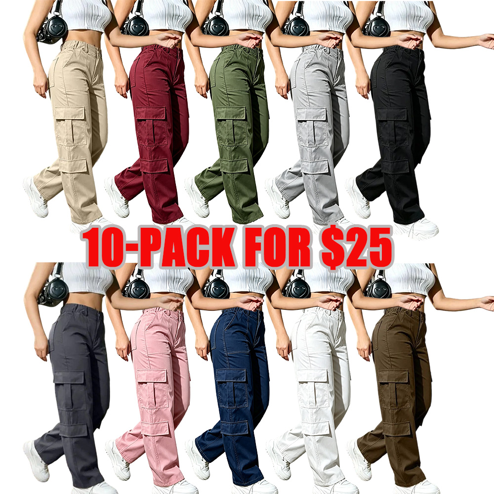 Women’s American vintage cargo pants with multiple pockets, solid color, elastic high waist, loose straight cut