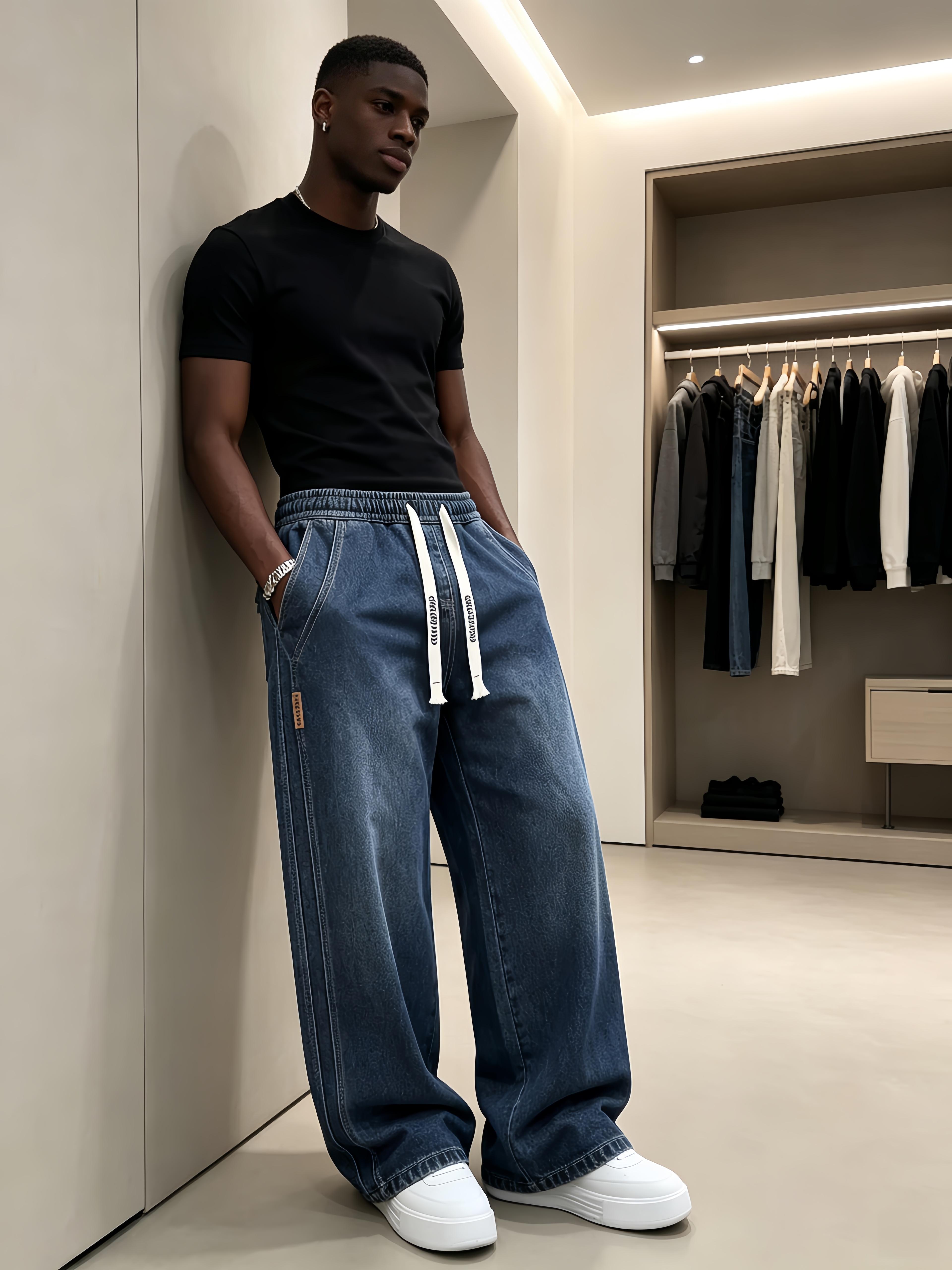 2pcs Men's Drawstring Elastic Waist Straight‑Leg Jeans, Plain Versatile Non‑Stretch Denim Pants & Vintage Washed Stretch Denim Jeans, Relaxed Straight‑Leg Fit, Drawstring Pull‑On Design, All‑Season Regular Everyday Long Pants, Casual Versatile Daily Wear