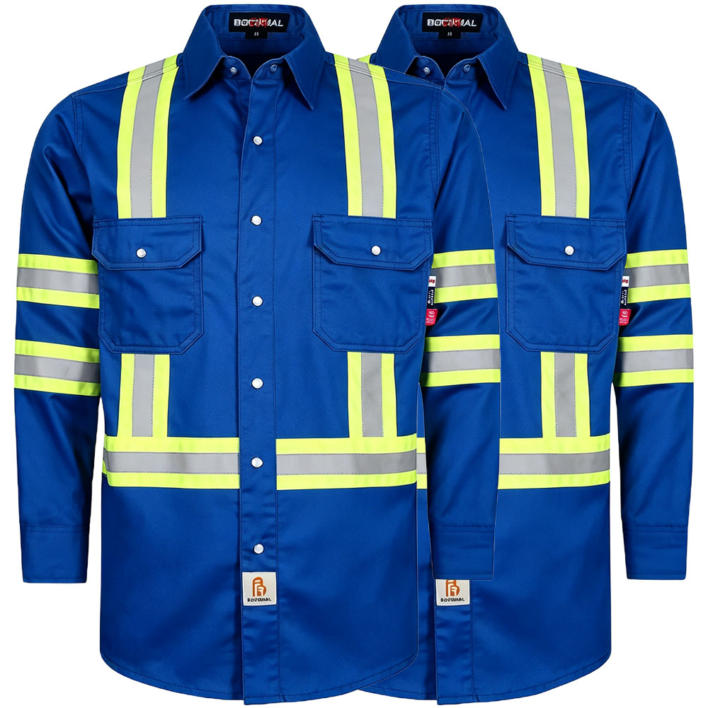 6.5 oz French hi-vis work shirts with pearl snap closure