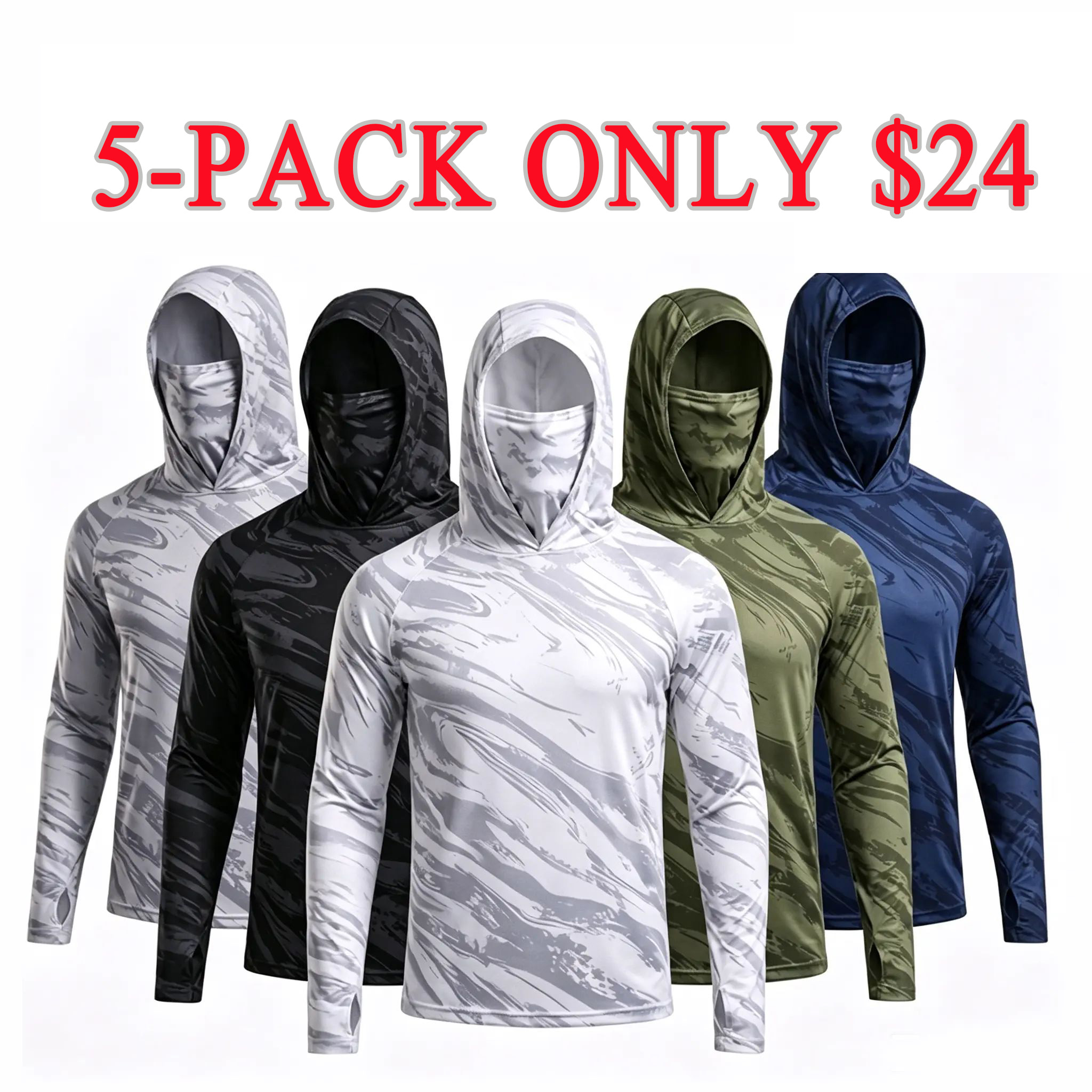 5-Pack Men's Quick-Dry Breathable Hoodies with Face Coverings Long-Sleeve T-Shirts
