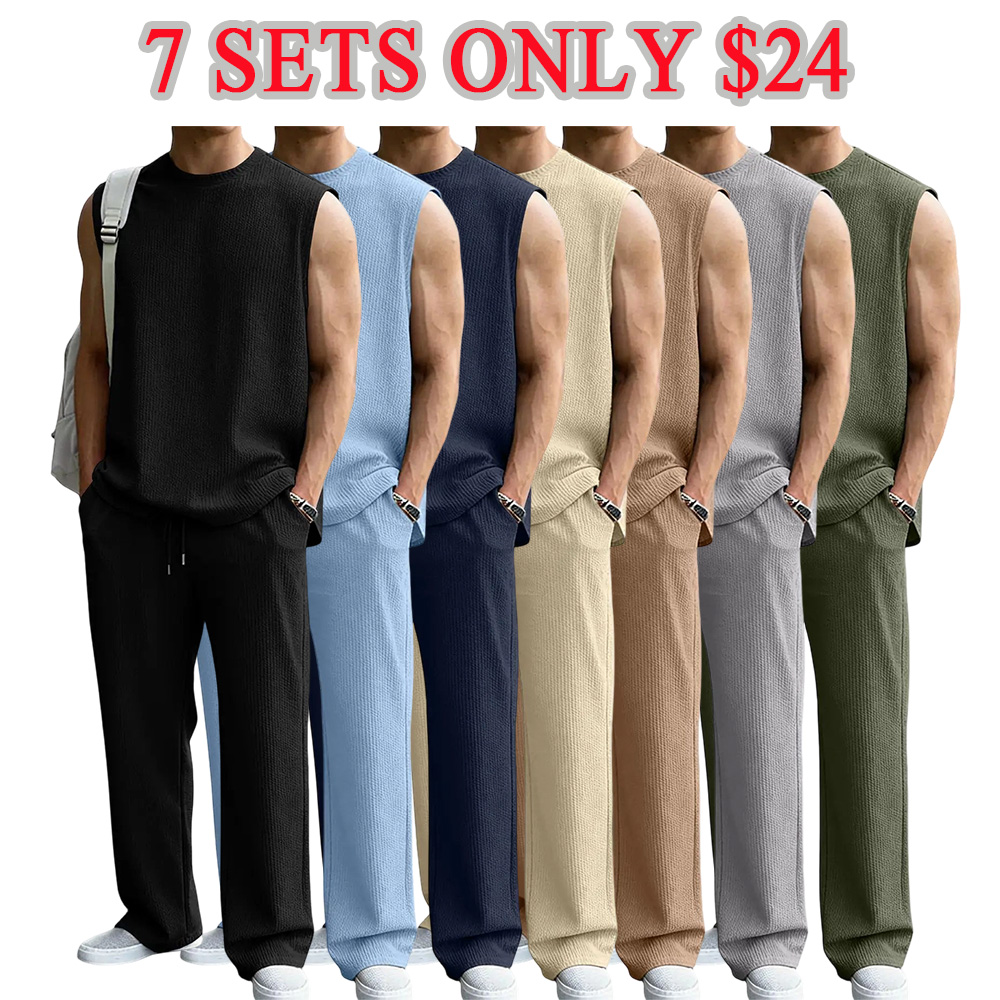 Mens 2 Piece Rib Knit Sweatsuit Summer Sleeveless Tank Top Baggy Wide Leg Pants Set Vacation Beach Outfit for Men