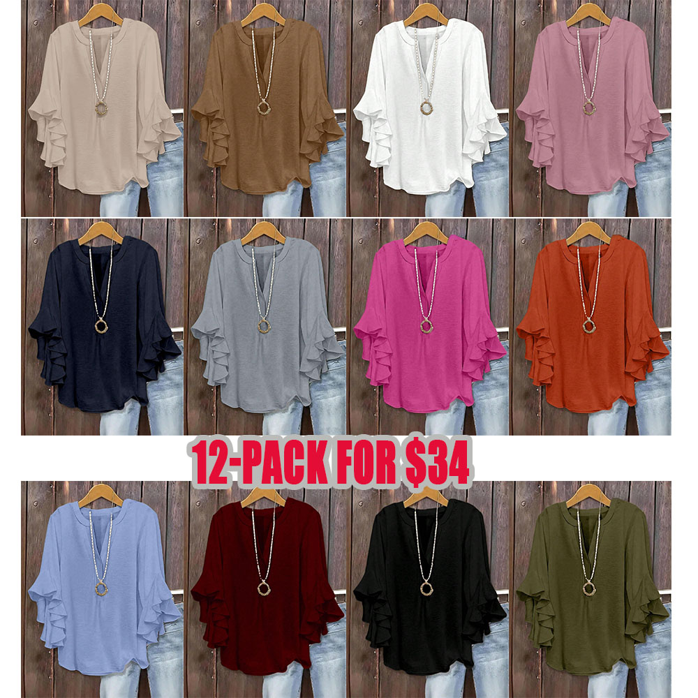 Plus Size Women's Ruffled Sleeve V-Neck Shirt Blouse Tops