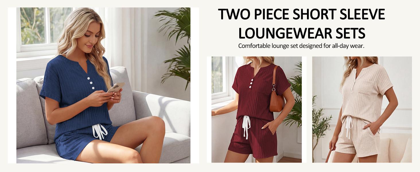 Yousify 2 Piece Short Sets for Women Summer 2026 Lounge Short Sleeve Henley Outfits Sweatsuit with Pocket