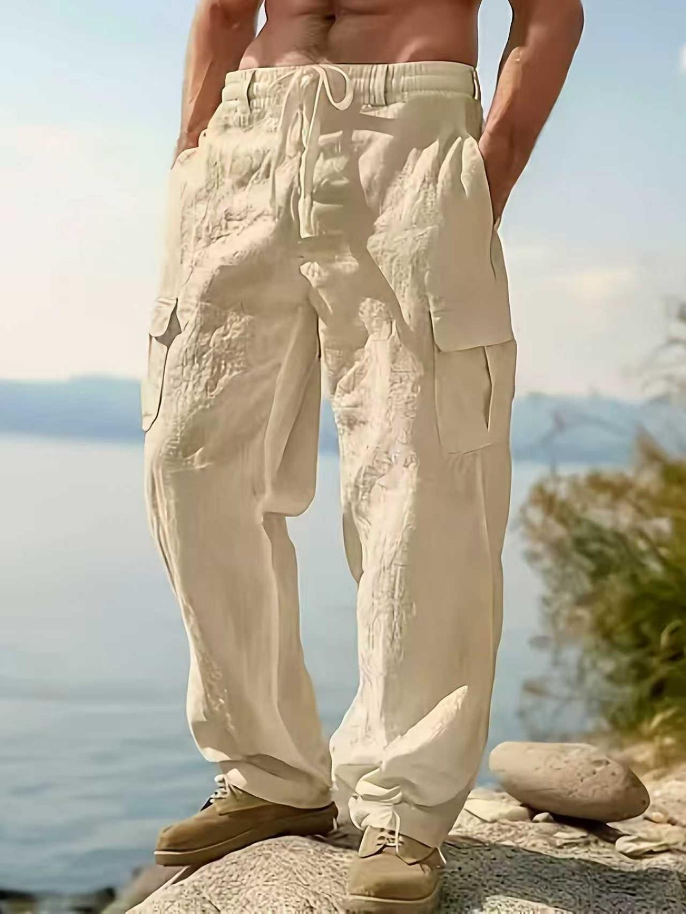 2026 Fashion Comfy Men's Linen Cargo Pants for Outdoor Beach, Drawstring Multi-Pocket Straight Leg Breathable Classic Casual Long Pants