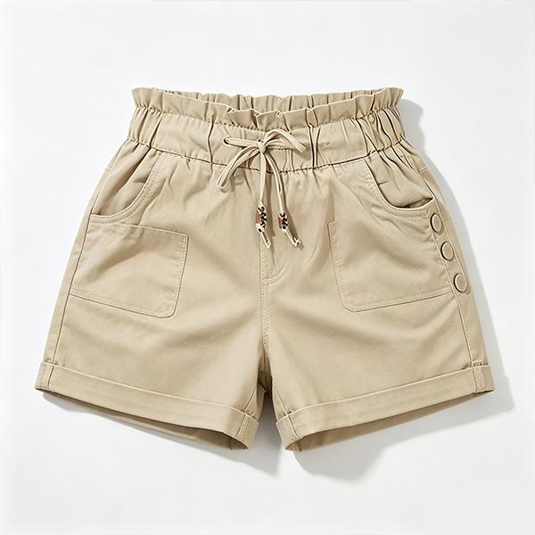 Women's Relaxed Petal-Waist Short Bottoms - Single Piece, Ruffle Waistband, Front Pockets, Elastic Drawstring, Breathable Fabric, Loose Comfortable Fit for Campus Everyday Wear, Weekend Gatherings, Lightweight