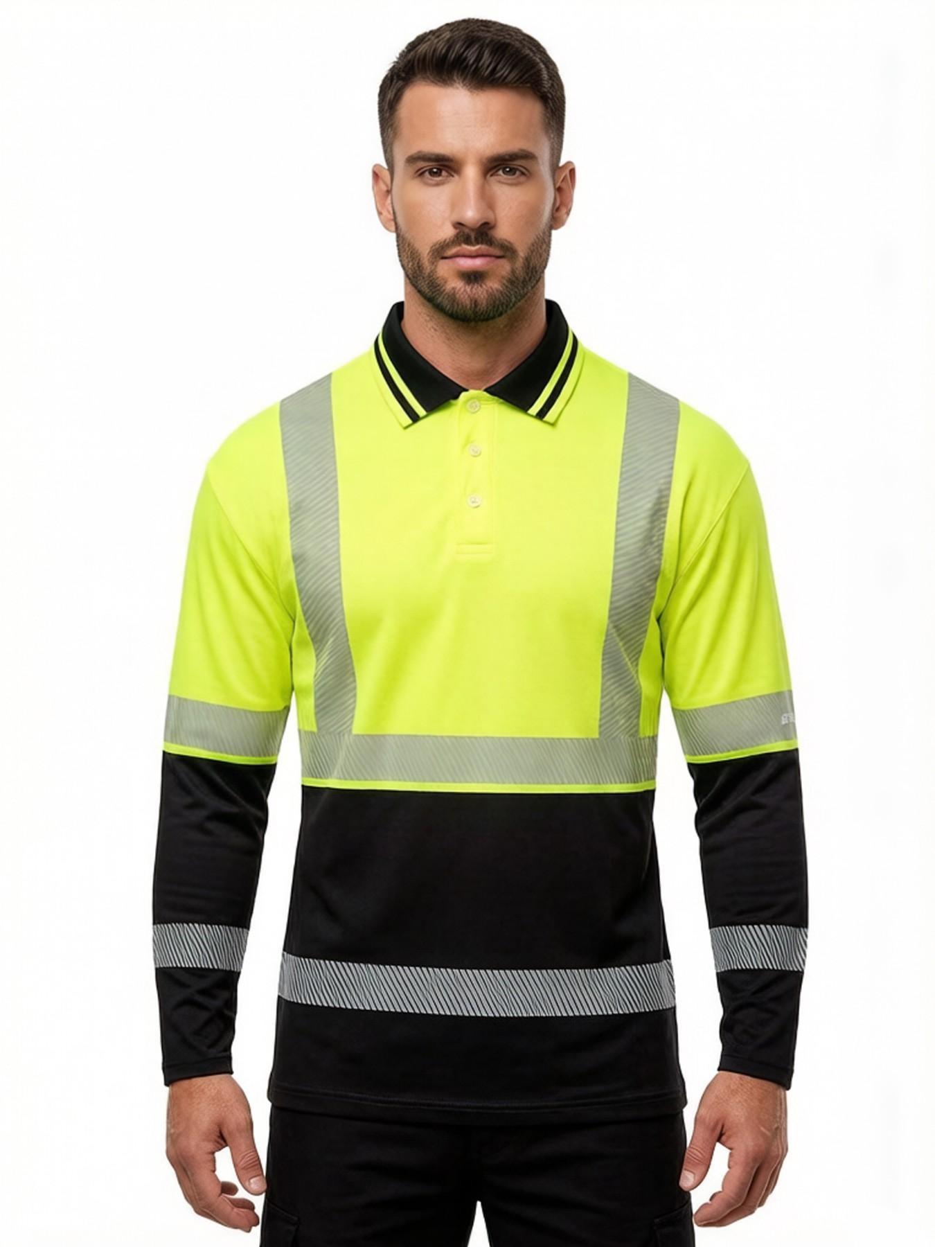Men's casual autumn and winter tooling printed long-sleeved POLO shirt - contrasting color design, orange, black and neon green optional, lapel, light and breathable, durable fabric shirt, outdoor labor shirt, bold print design, warehouse staff only Men's casual autumn and winter tooling printed long-sleeved POLO shirt - contrasting color design, orange, black and neon green optional, lapel, light and breathable, durable fabric shirt, outdoor labor shirt, bold print design, warehouse staff only
