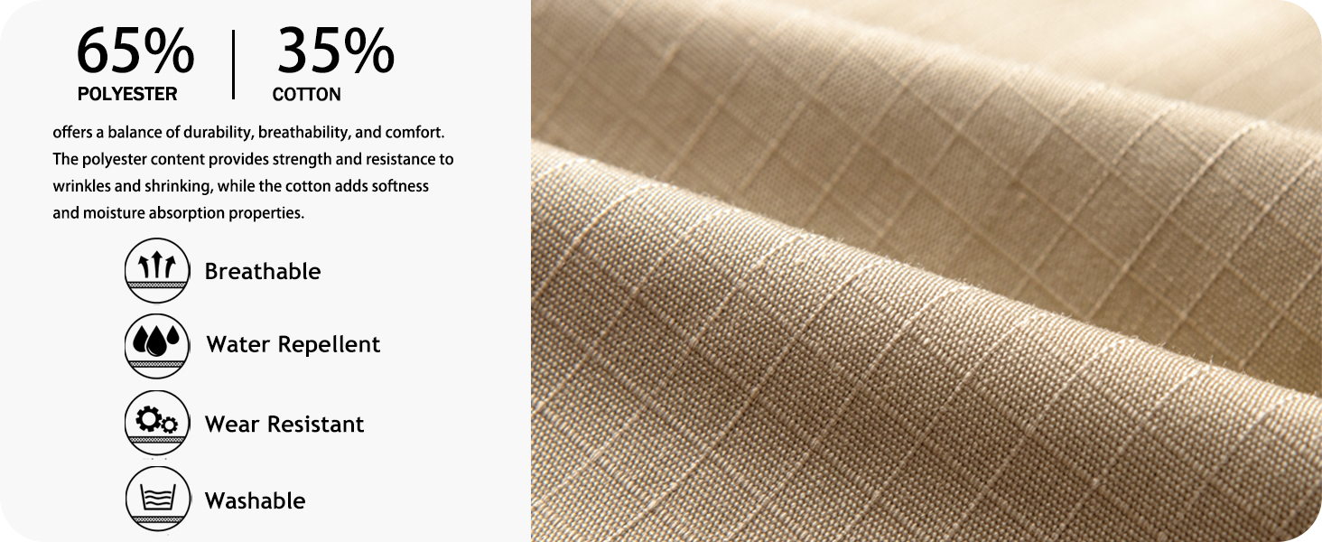 Rip Stop durability provide strength and resistance to wrinkles and shrinking,cotton  add soft