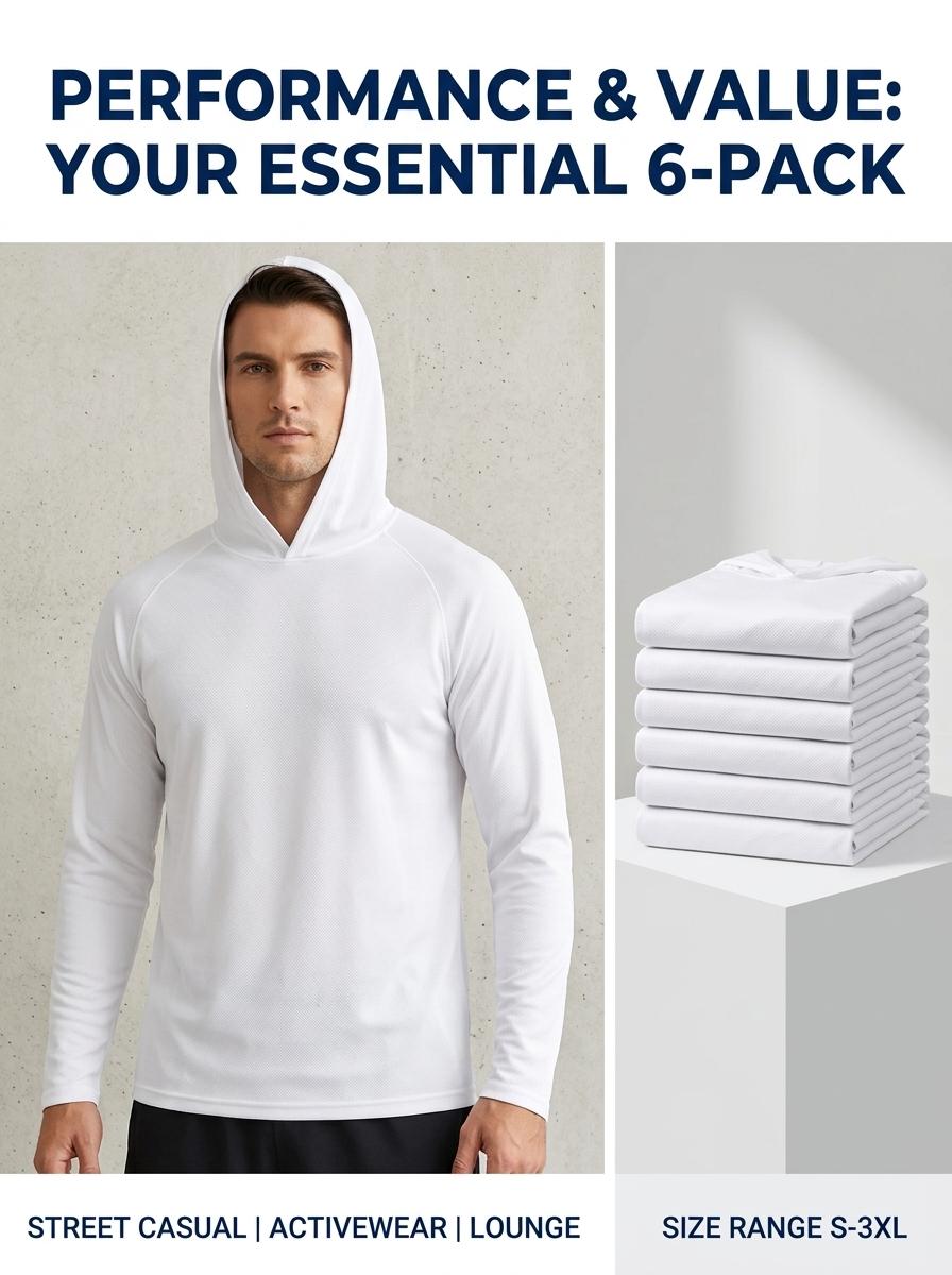 Men's 6-Pack Long-Sleeve Hooded Sun Shirts - Plain Hooded Tee, Lightweight Breathable Mesh Fabric Polyester, Loose Casual Fit, Sun Protection Activewear Pullover for Running, Hiking (White, S-3XL)